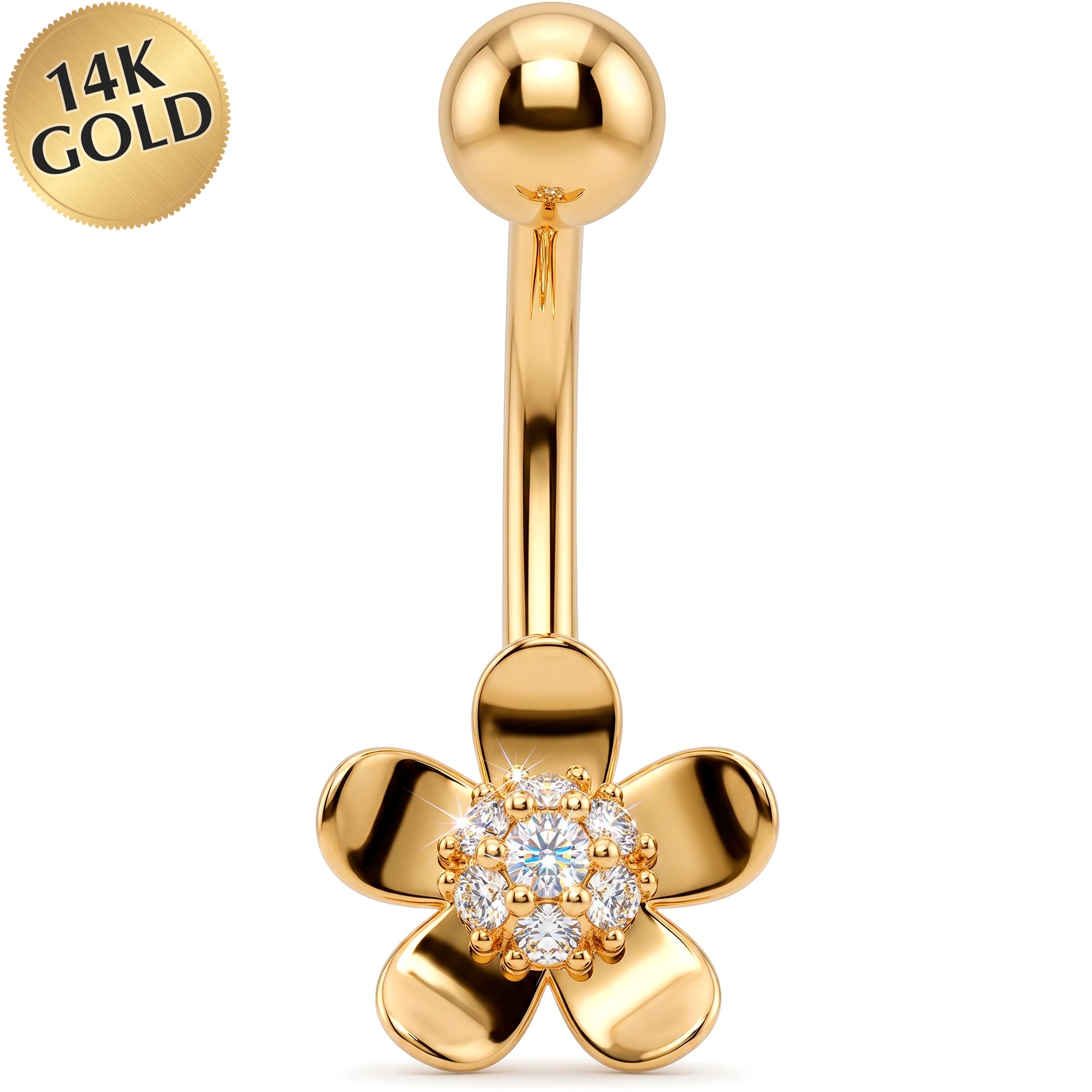14k Gold Belly Piercing Jewelry - CZ Flower Golden Blossom Belly Ring