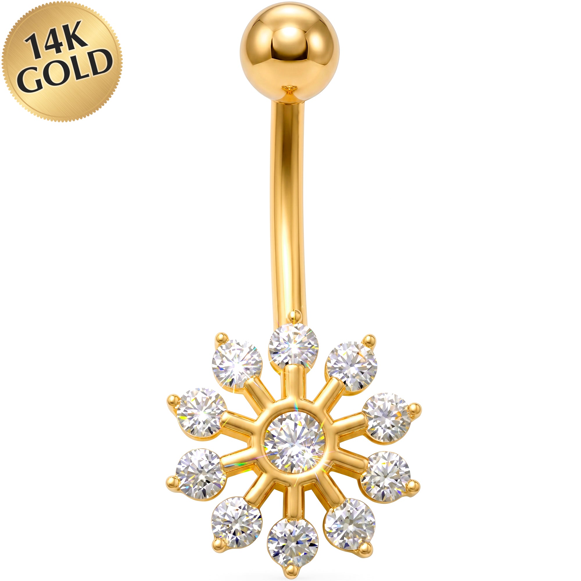 14k Gold Belly Piercing Jewelry - CZ Solar Radiance Belly Ring