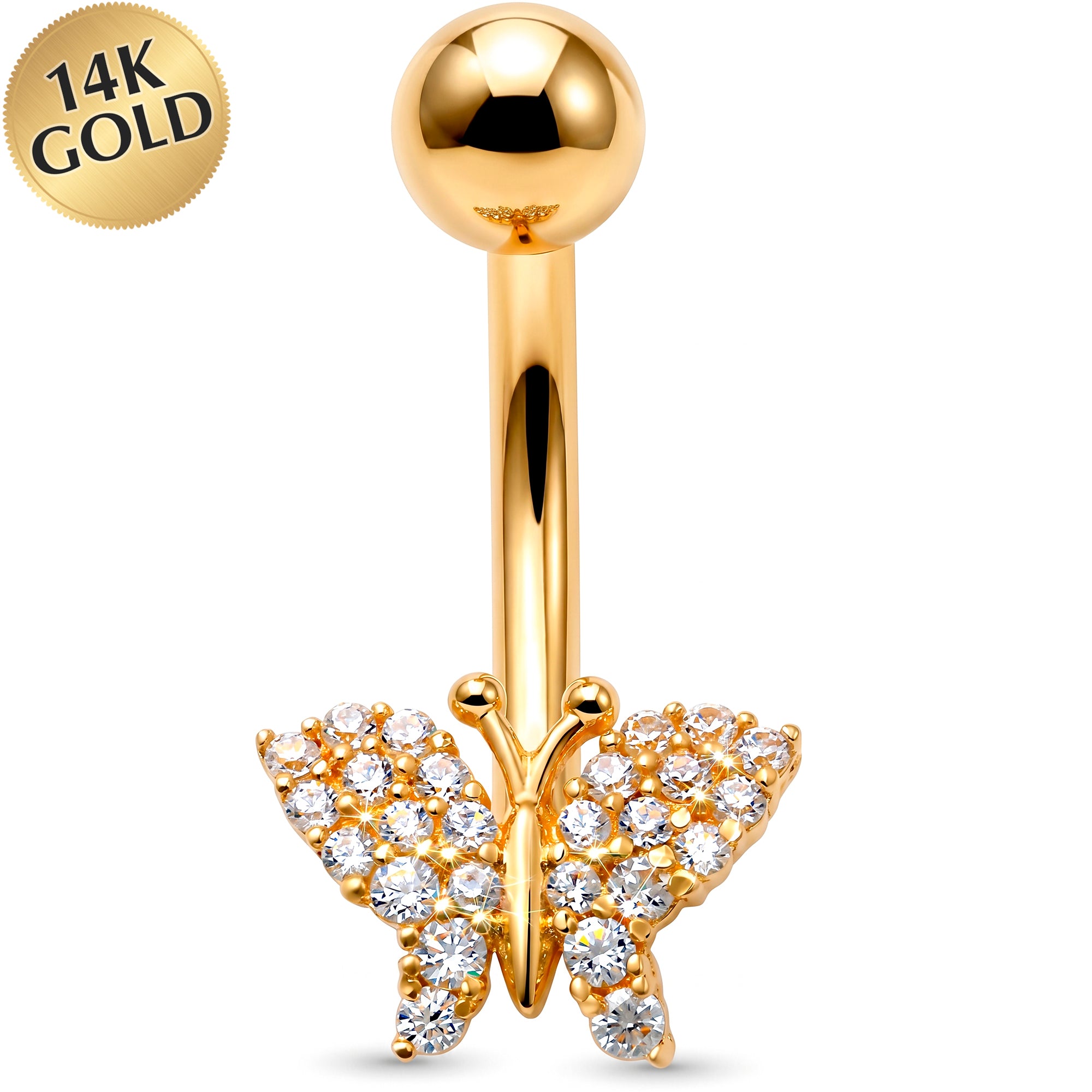 14k Gold Belly Piercing Jewelry - CZ Fluttering Butterfly Belly Ring