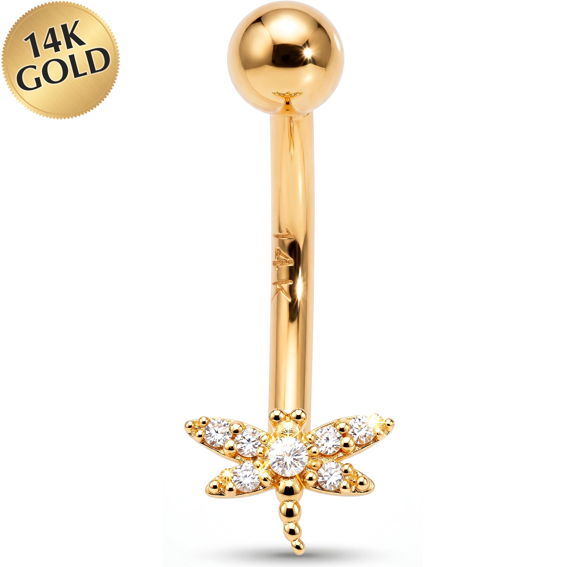 14k Gold Belly Piercing Jewelry - CZ Enchanted Dragonfly Belly Ring