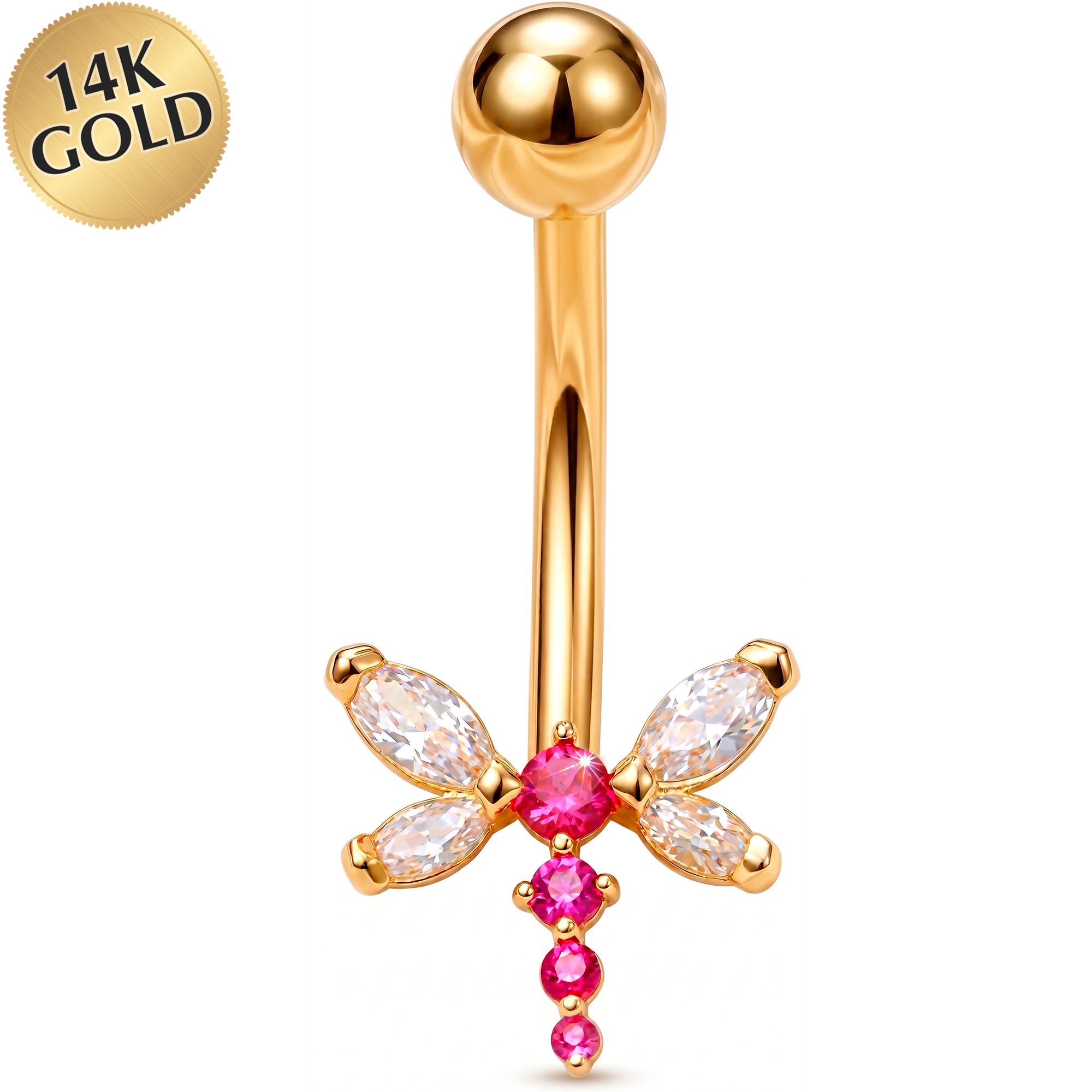 14k Gold Belly Piercing Jewelry - Pink CZ Fairy Dragonfly Belly Ring