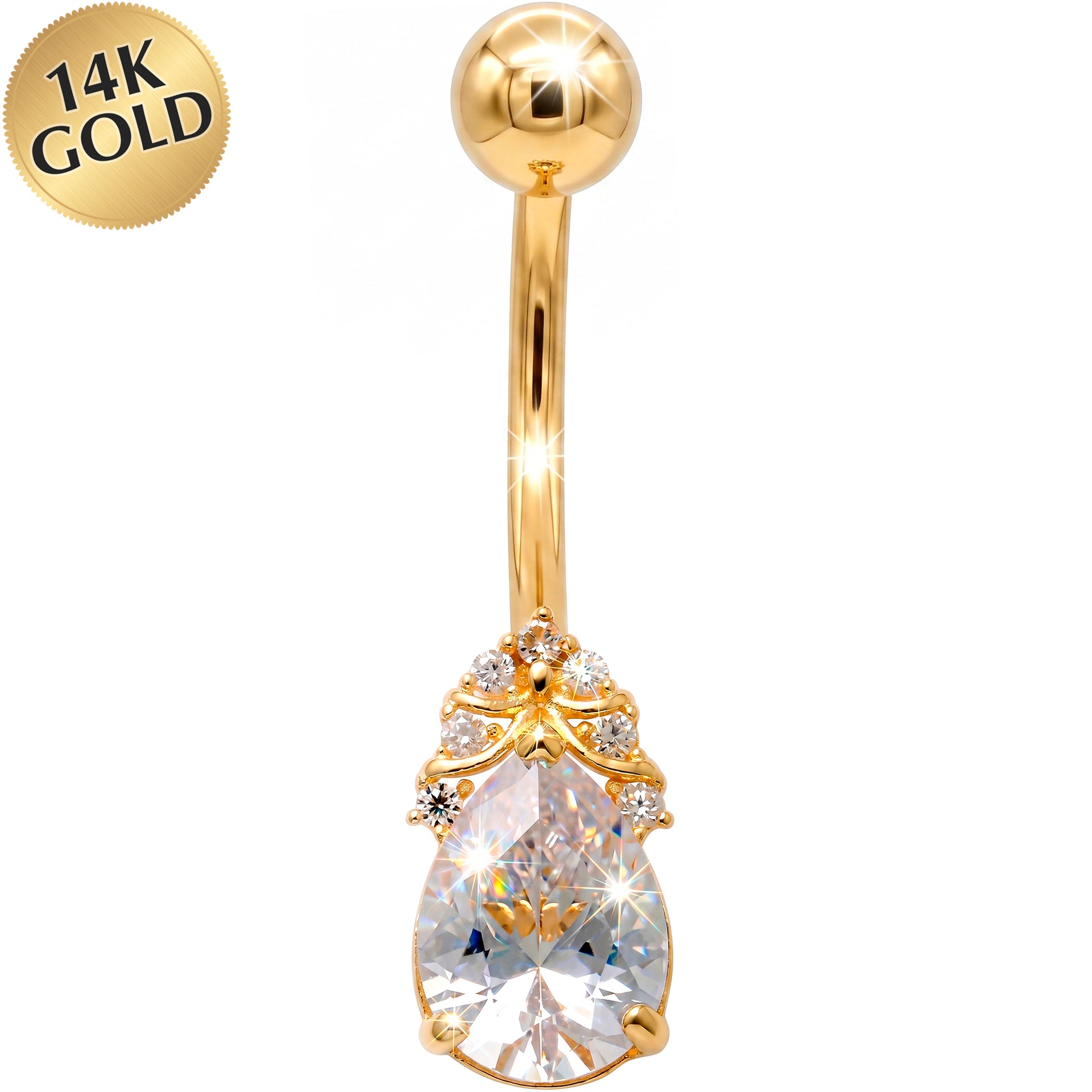14k Gold Belly Piercing Jewelry - CZ Duchess Drop Belly Ring