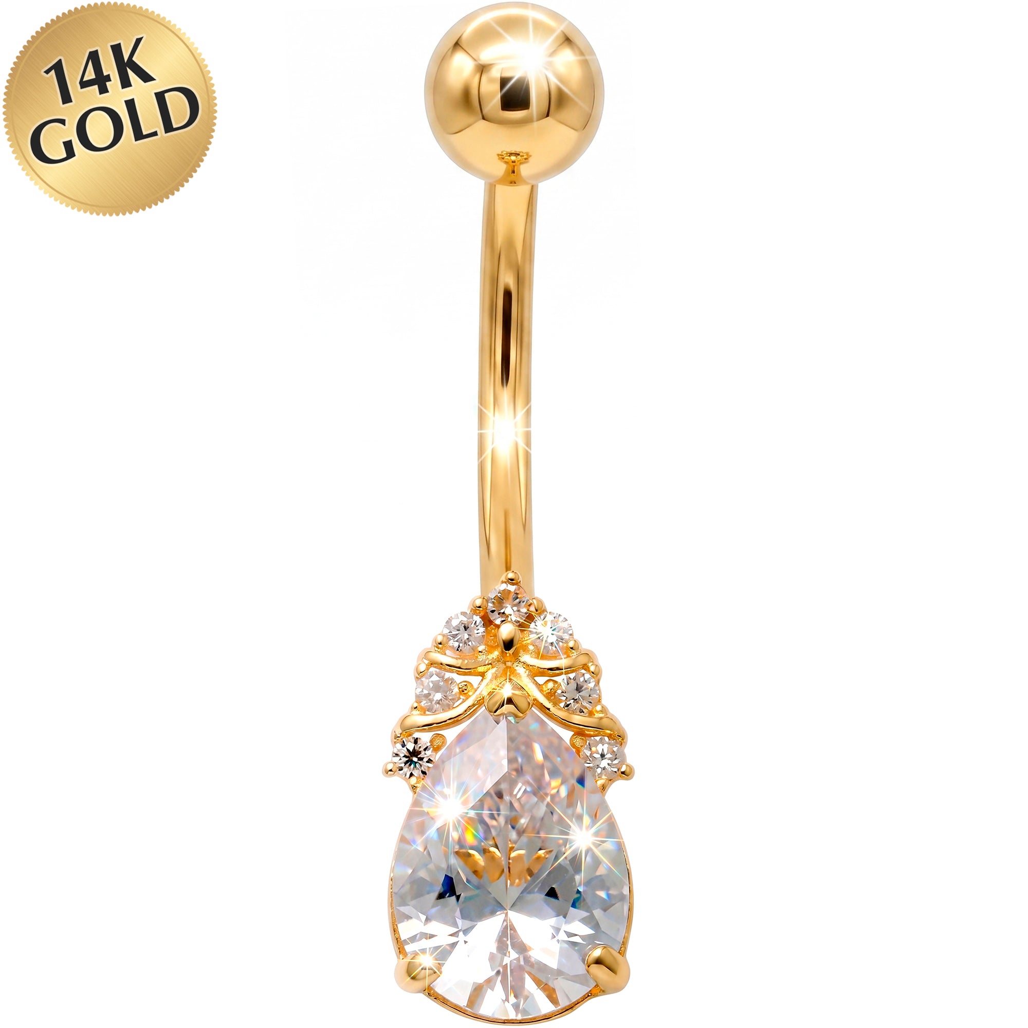 14k Gold Belly Piercing Jewelry - CZ Duchess Drop Belly Ring