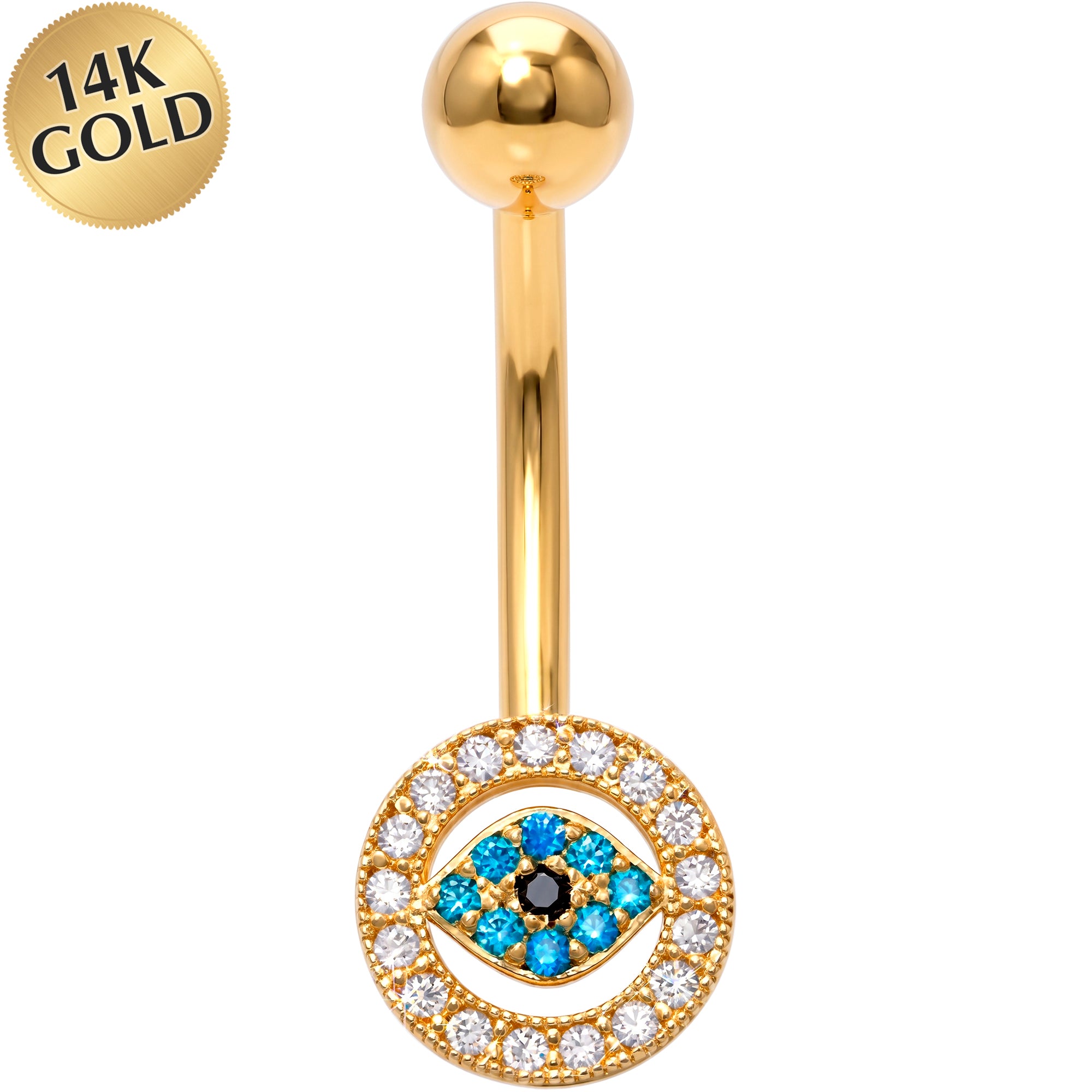 14k Gold Belly Piercing Jewelry - CZ Eye Celestial Guardian Belly Ring