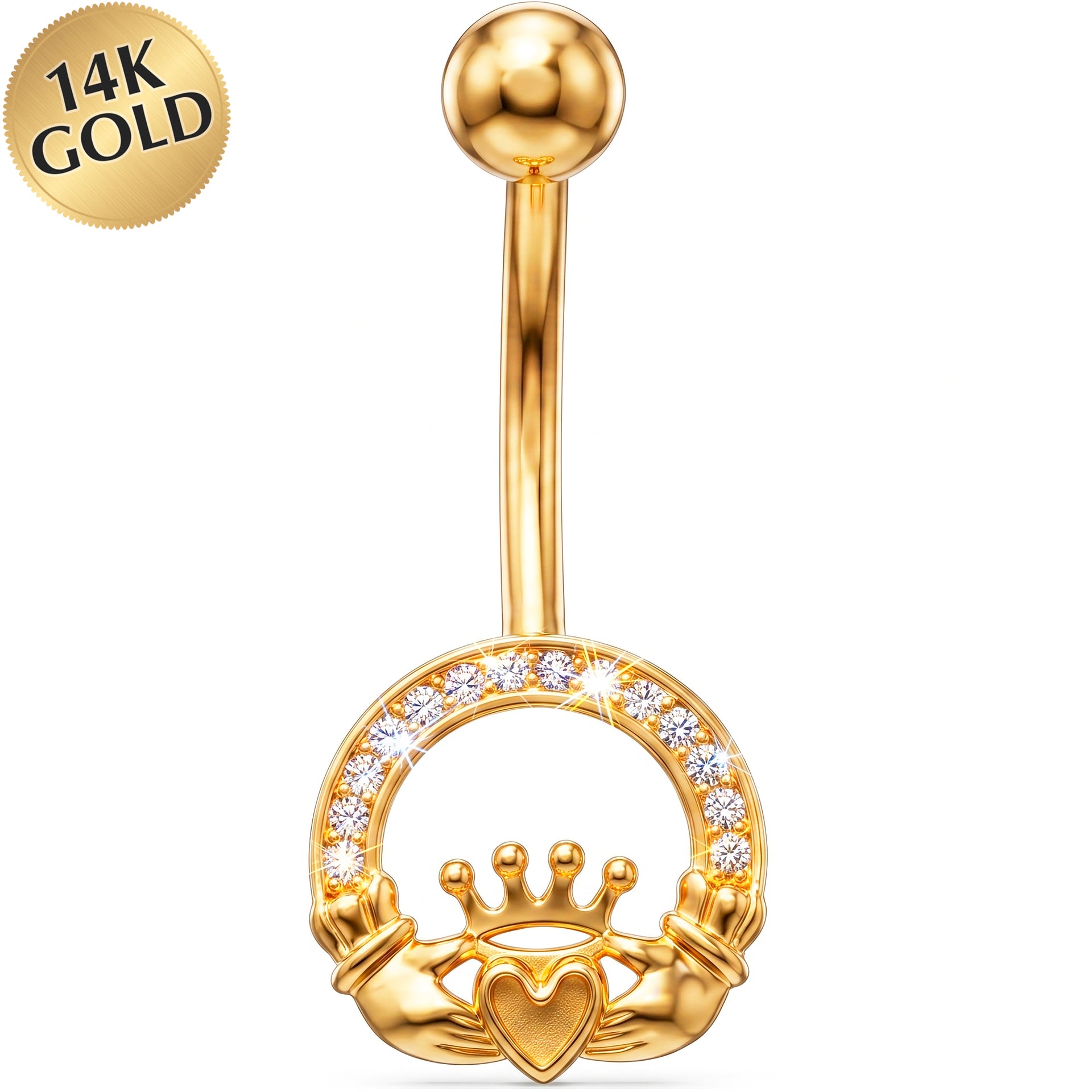14k Gold Belly Piercing Jewelry - CZ Royal Claddagh Heart Belly Ring