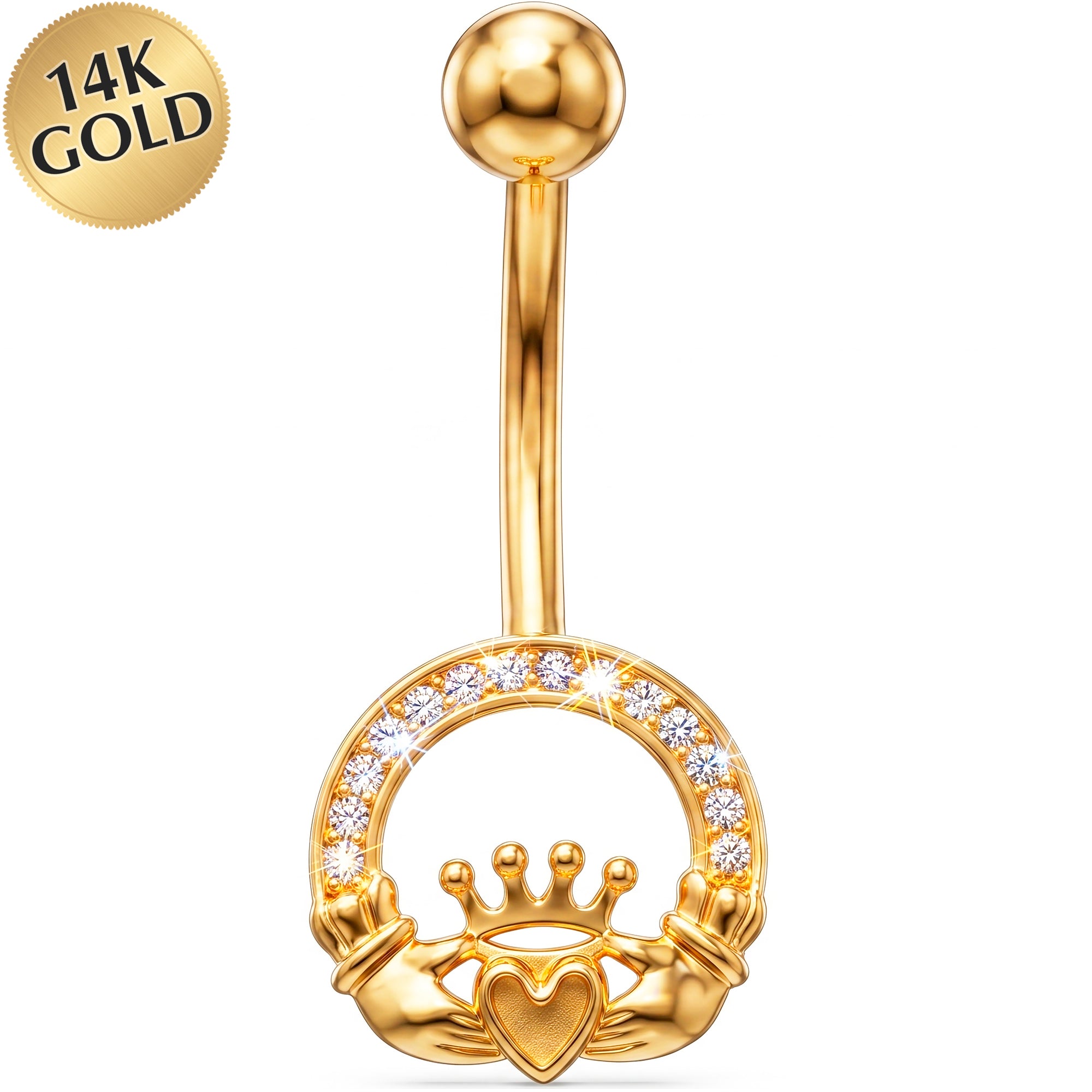 14k Gold Belly Piercing Jewelry - CZ Royal Claddagh Heart Belly Ring