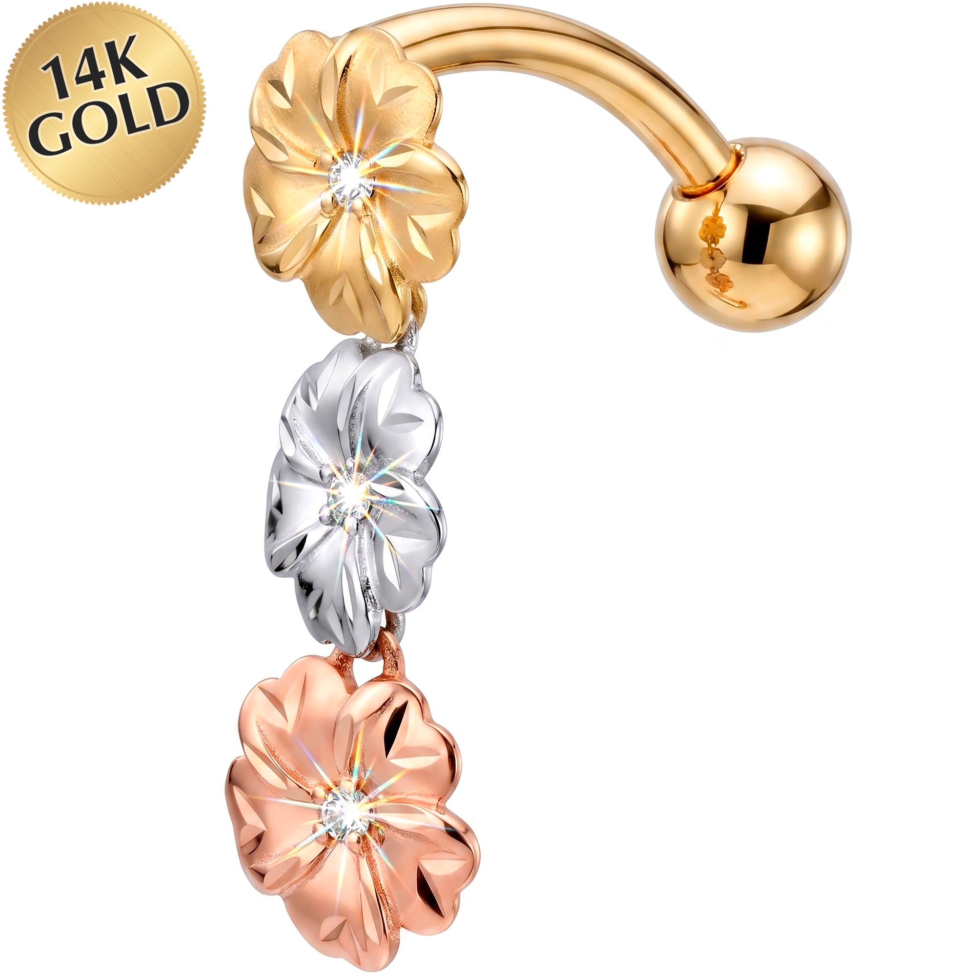 Solid 14k Tri Color Gold Top Mount Floral Cascade Dangle Belly Ring