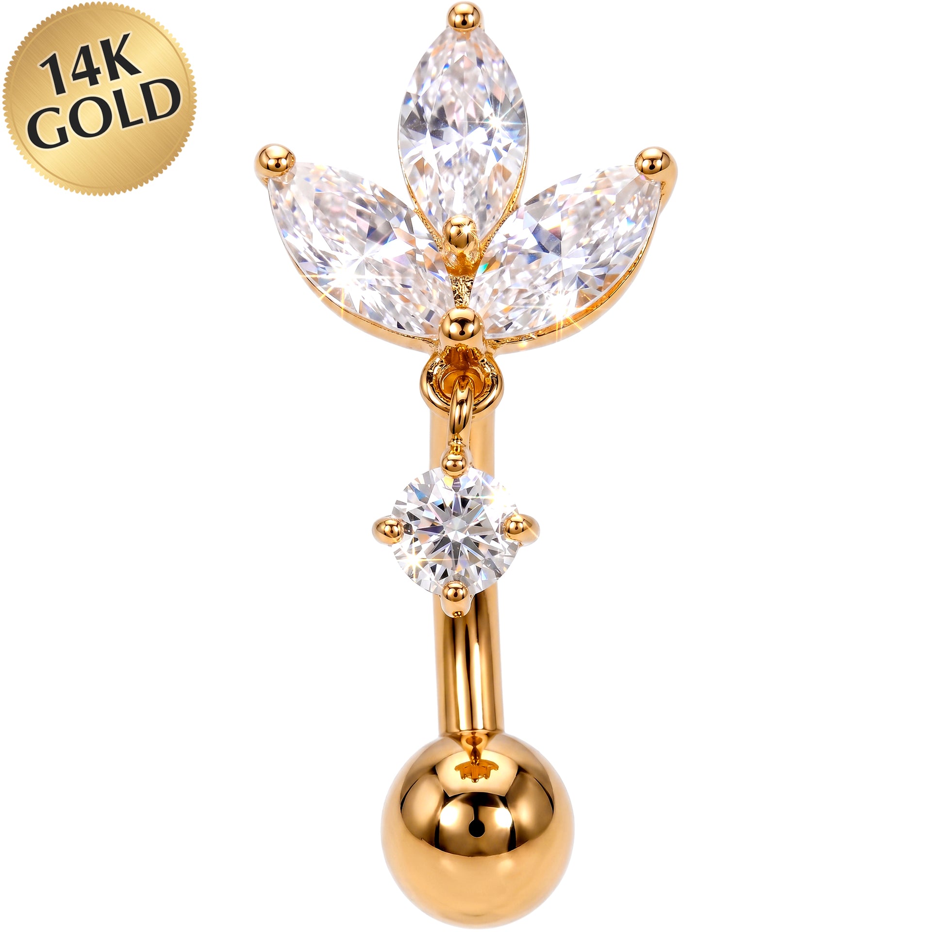 14k Gold Belly Piercing Jewelry - CZ Lotus Blossom Top Mount Dangle Belly Ring