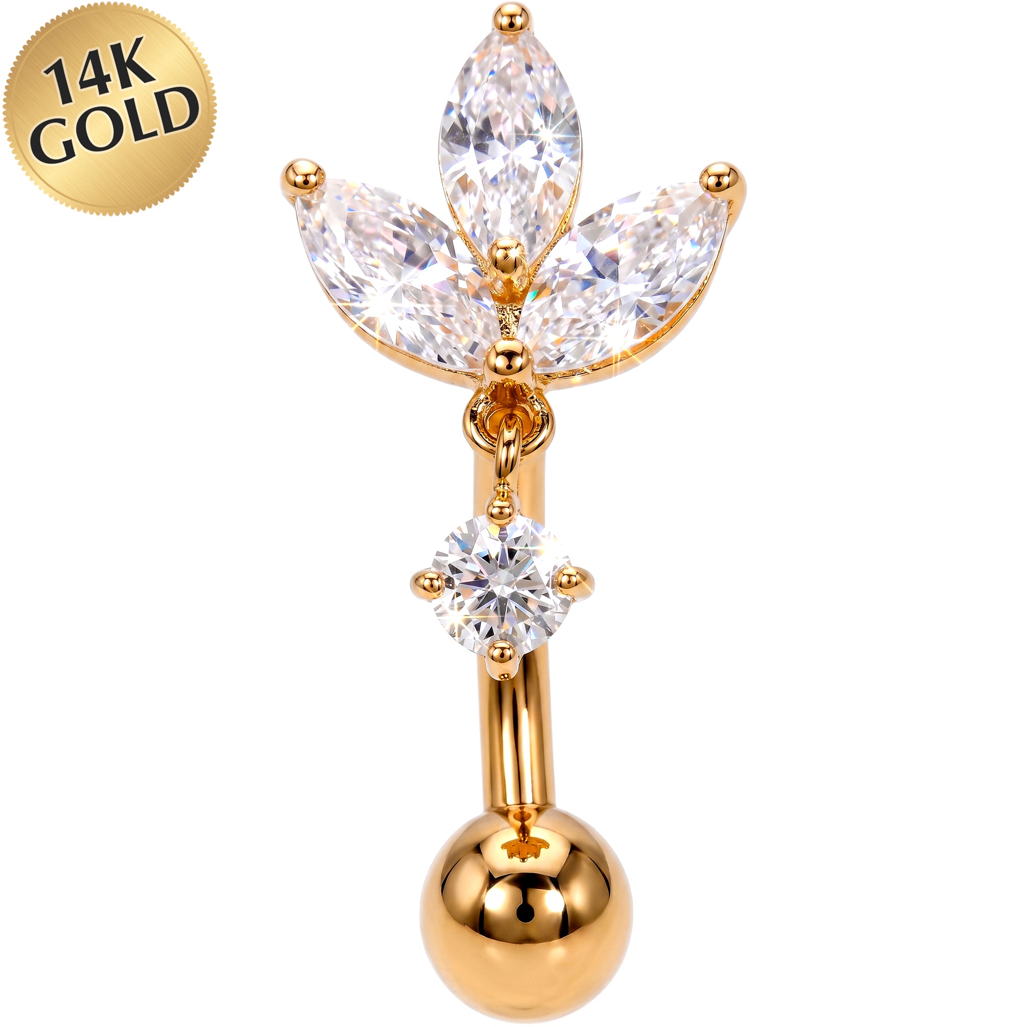 14k Gold Belly Piercing Jewelry - CZ Lotus Blossom Top Mount Dangle Belly Ring