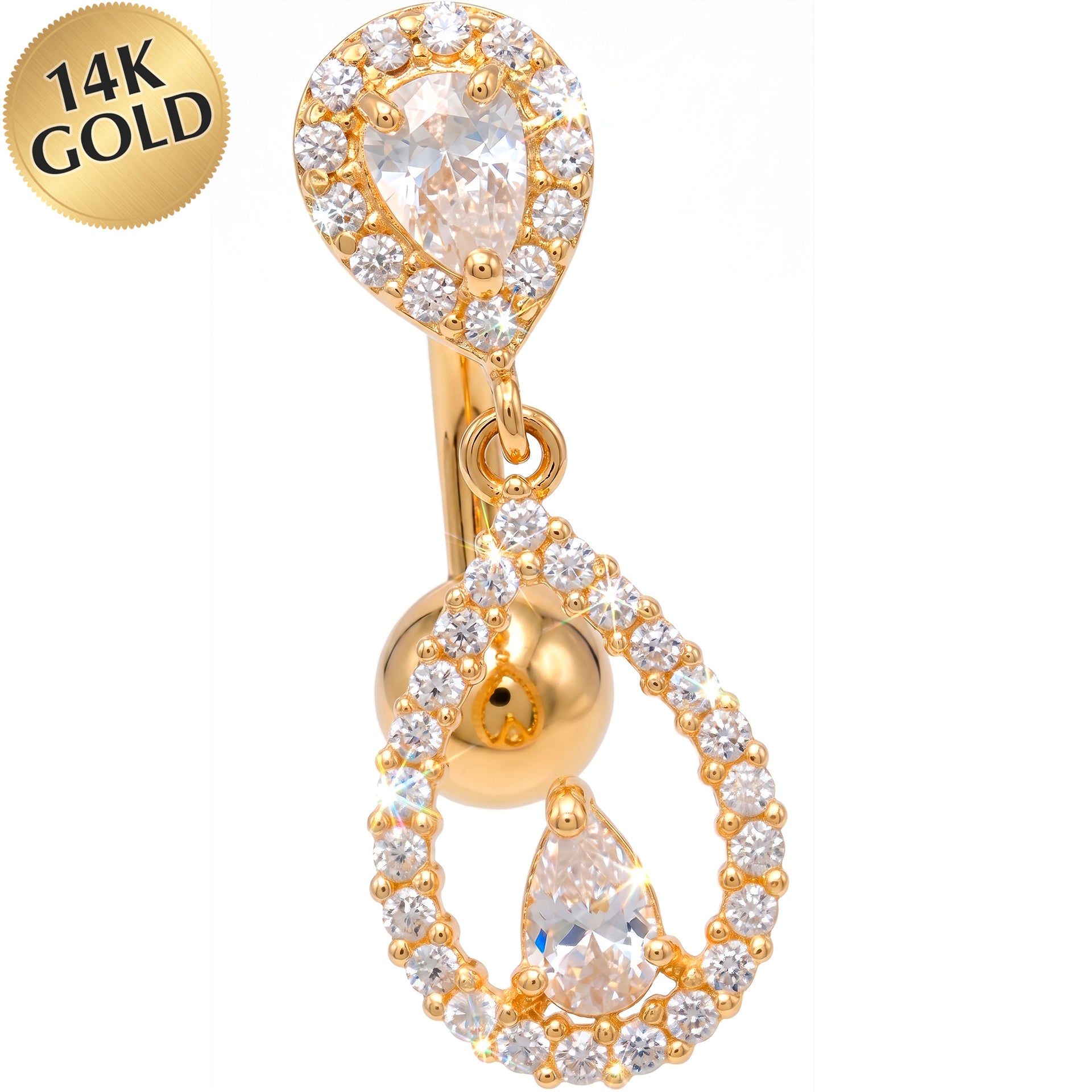14k Gold Belly Piercing Jewelry - Top Mount CZ Heirloom Teardrop Dangle Belly Ring