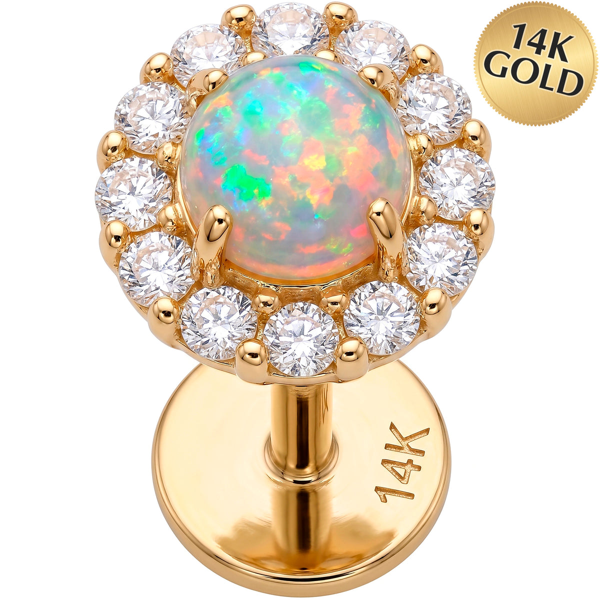Solid 14k Yellow Gold Opal Sunburst Halo Synthetic Opal and CZ 18G Flat Back Earring