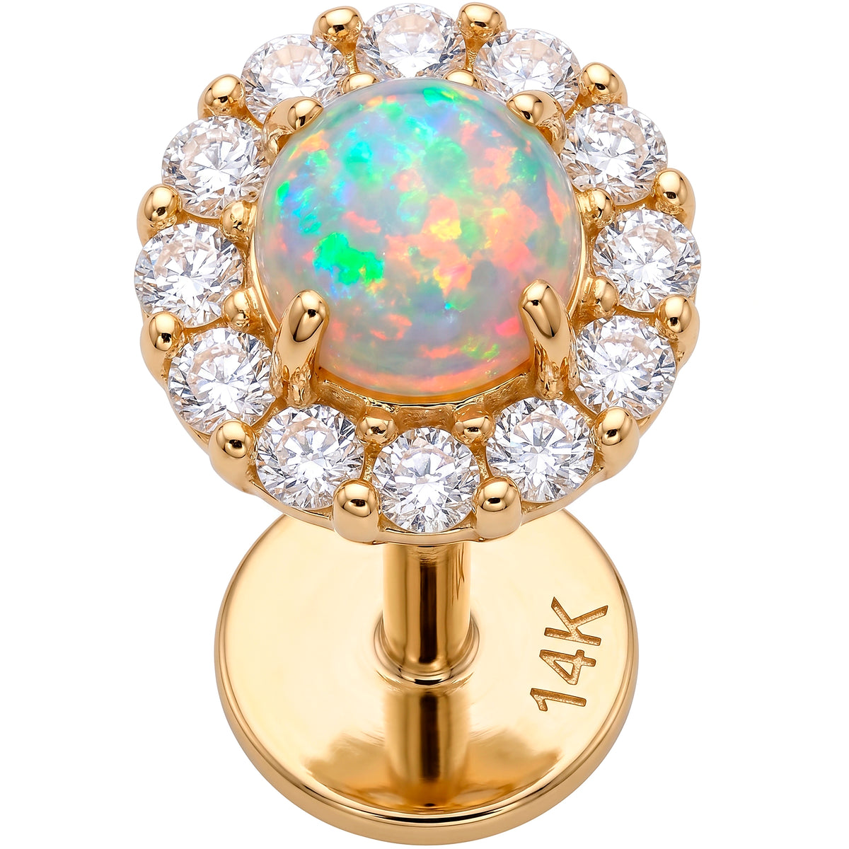 Solid 14k Yellow Gold Opal Sunburst Halo Synthetic Opal and CZ 18G Flat Back Earring