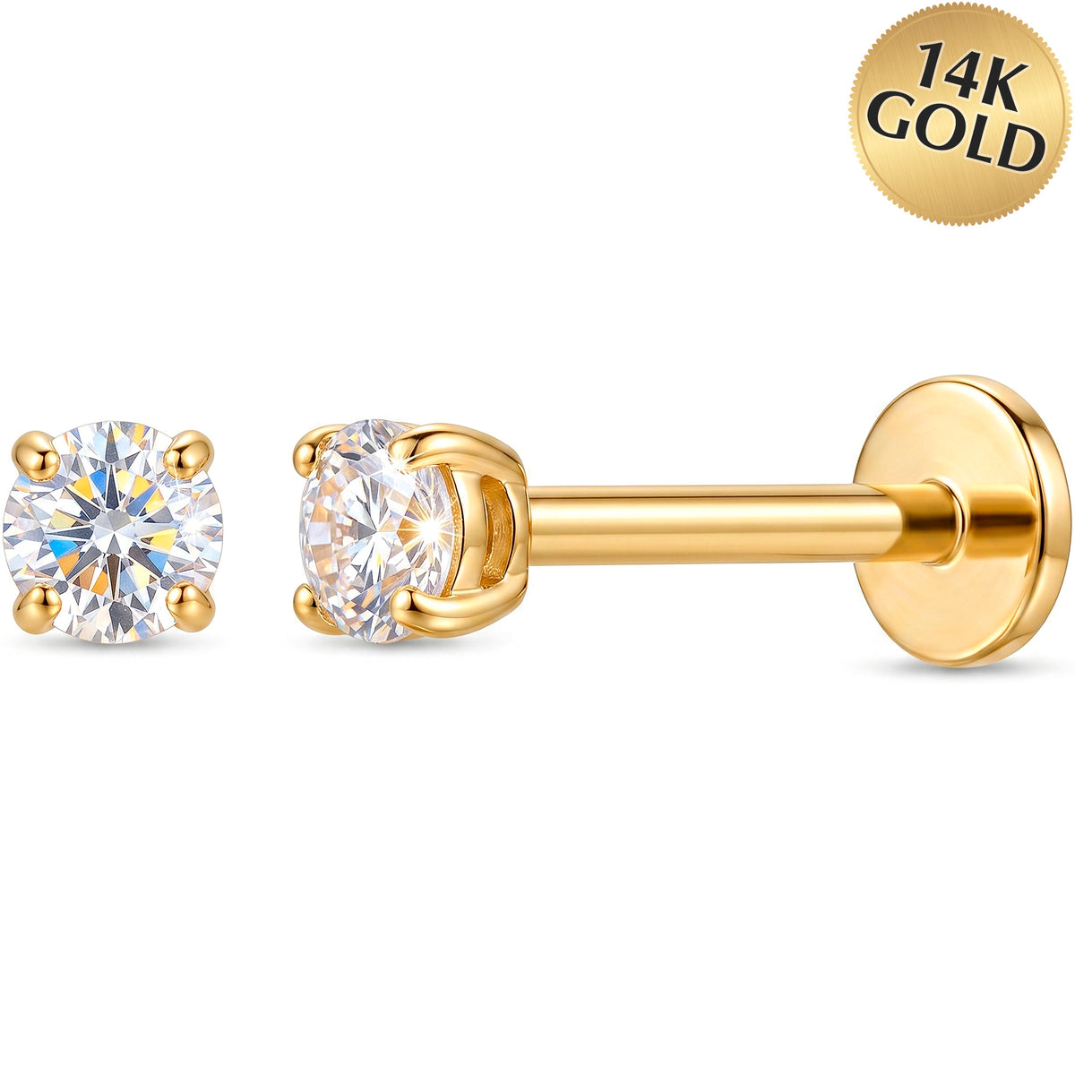 Solid 14k Yellow Gold 2mm Classic Solitaire CZ 18G Flat Back Earring