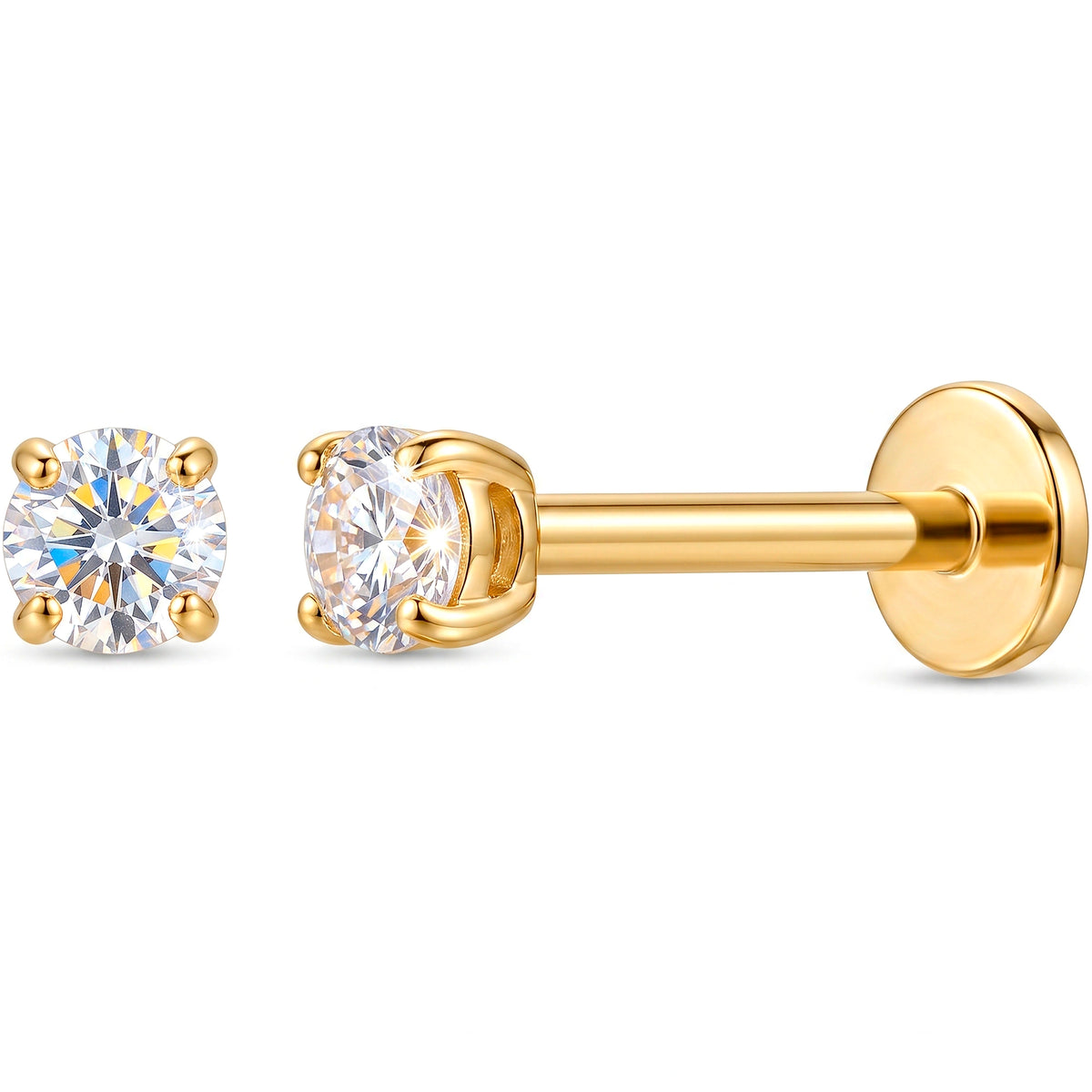 Solid 14k Yellow Gold 2mm Classic Solitaire CZ 18G Flat Back Earring