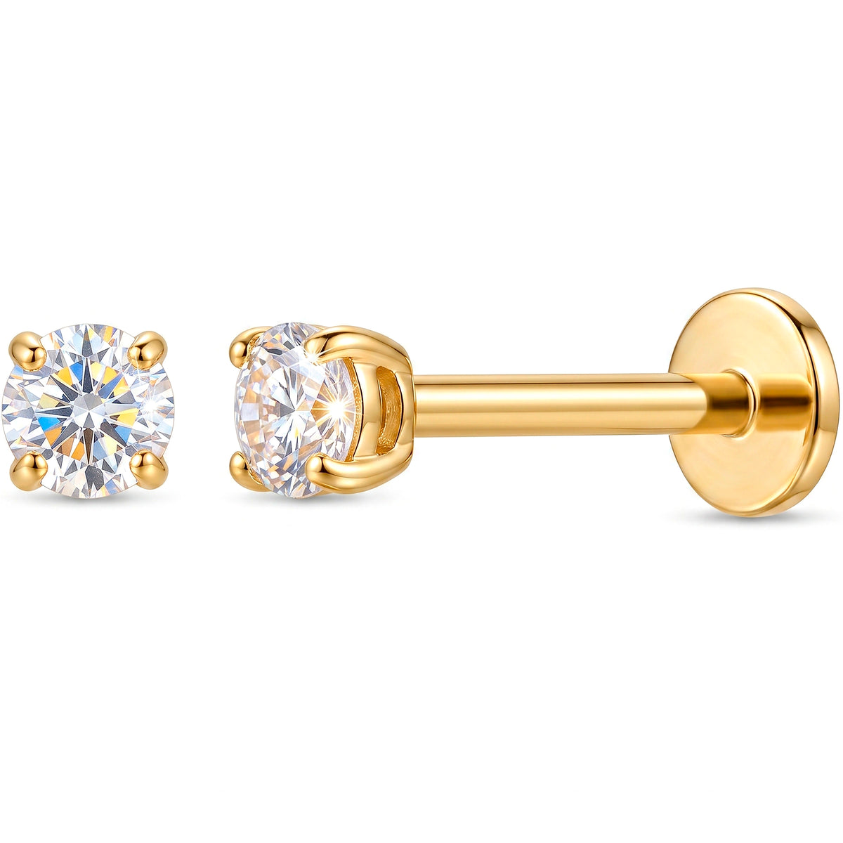 Solid 14k Yellow Gold 3mm Classic Solitaire CZ 18G Flat Back Earring