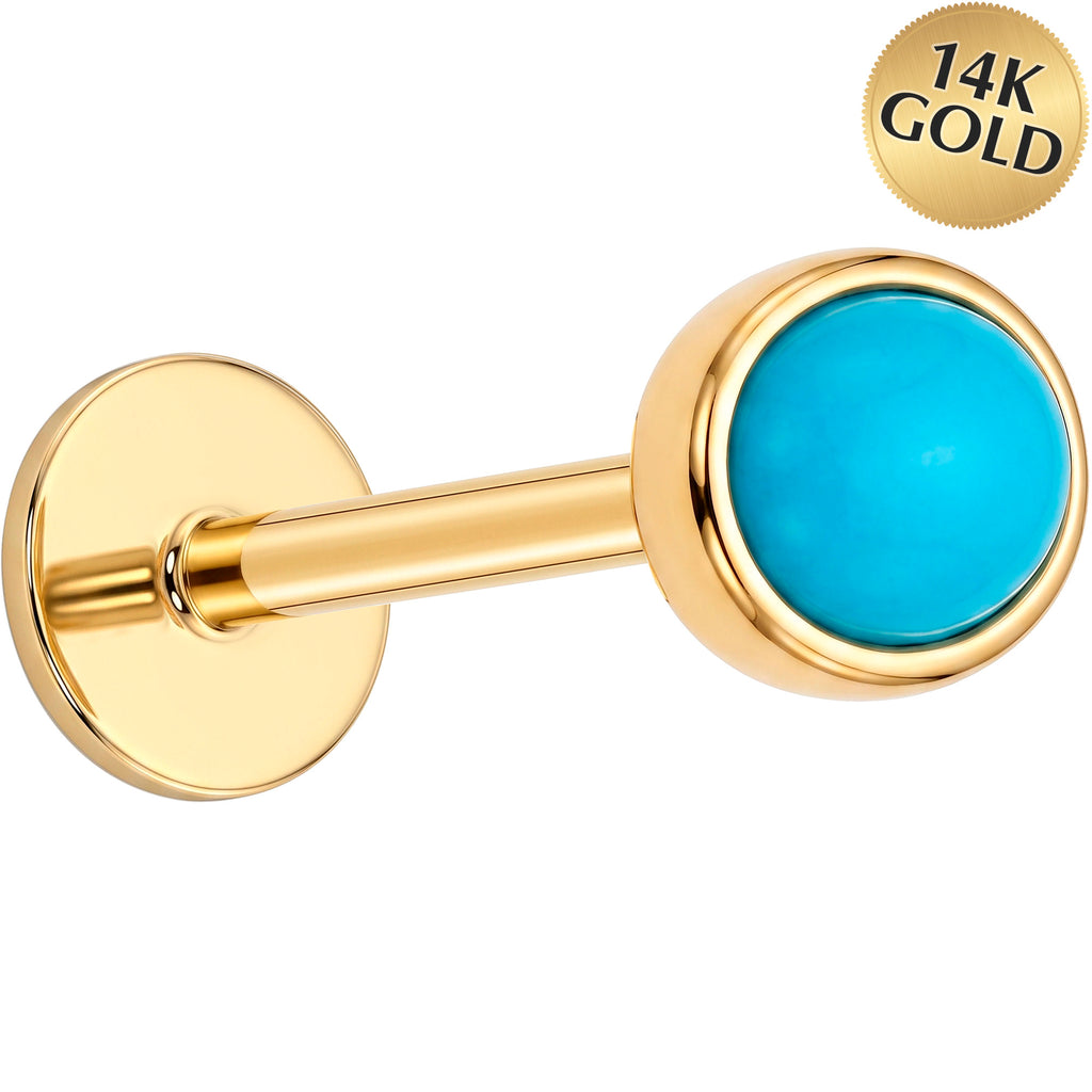 Solid 14k Yellow Gold Turquoise Blue Bezel CZ 18G Flat Back Earring