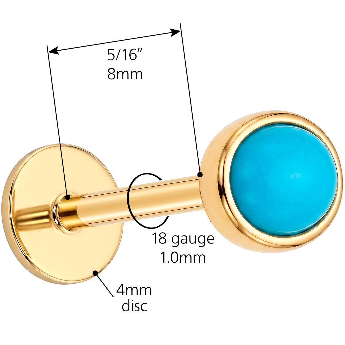 Solid 14k Yellow Gold Turquoise Blue Bezel CZ 18G Flat Back Earring