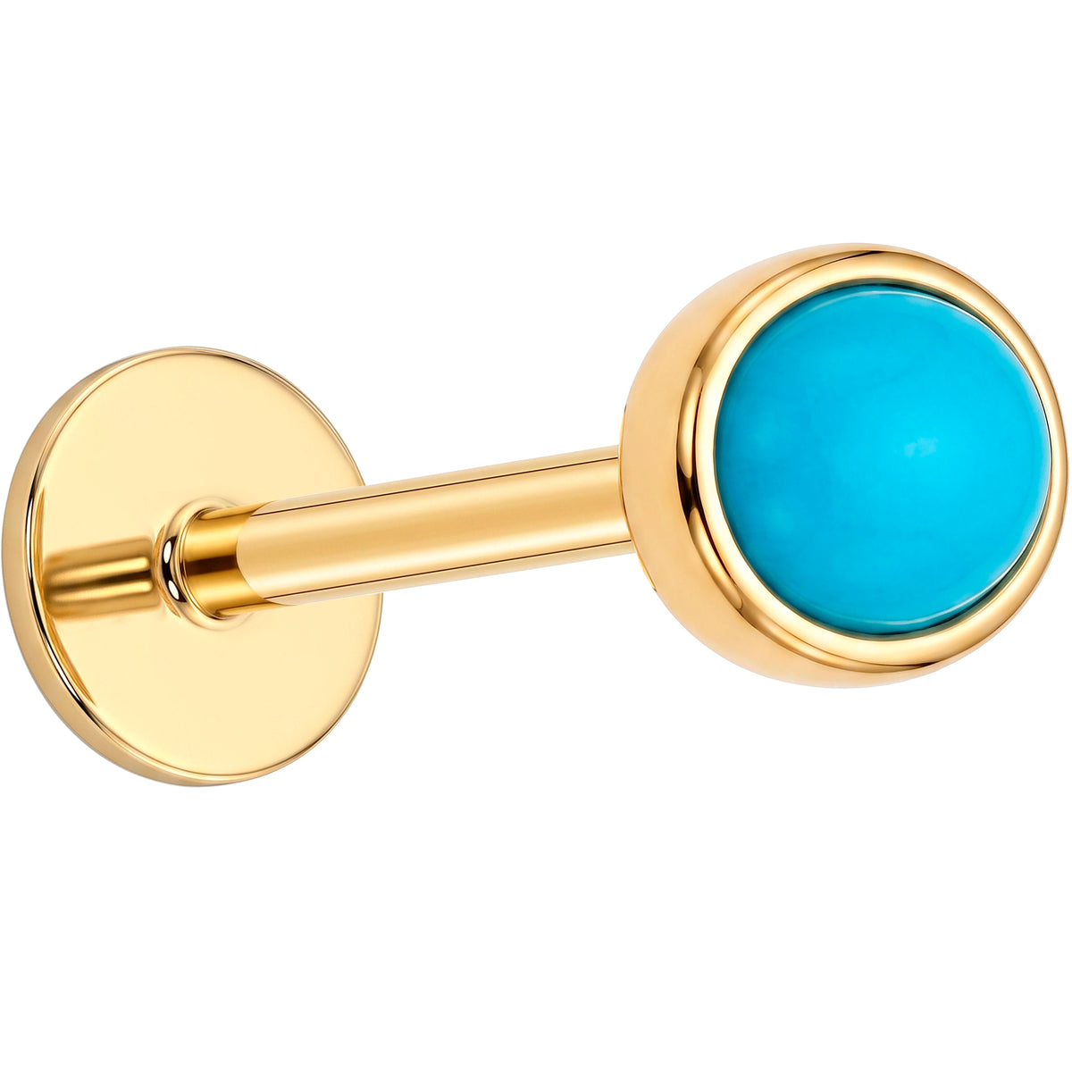 Solid 14k Yellow Gold Turquoise Blue Bezel CZ 18G Flat Back Earring