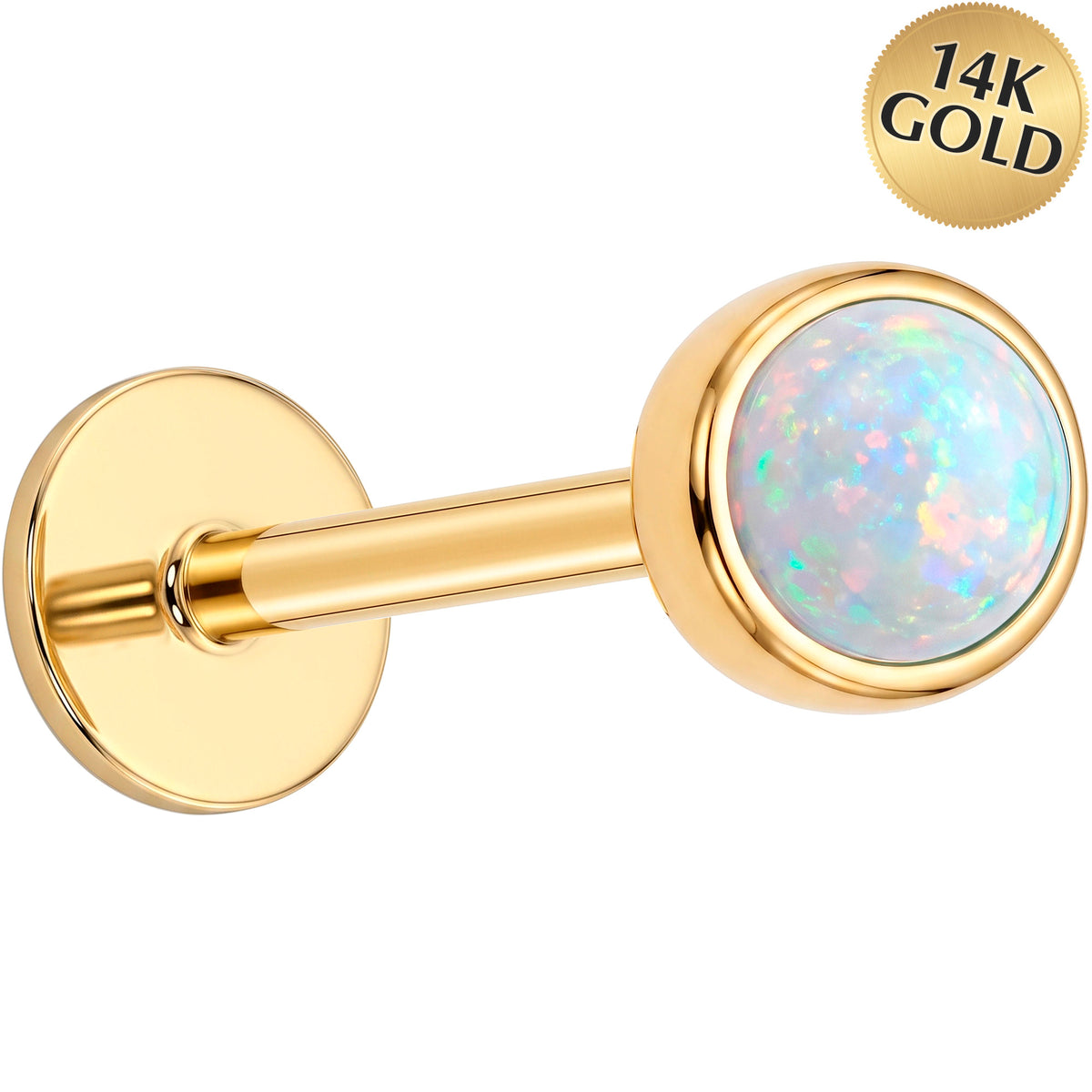 Solid 14k Yellow Gold Iridescent Opal Bezel Synthetic Opal 18G Flat Back Earring