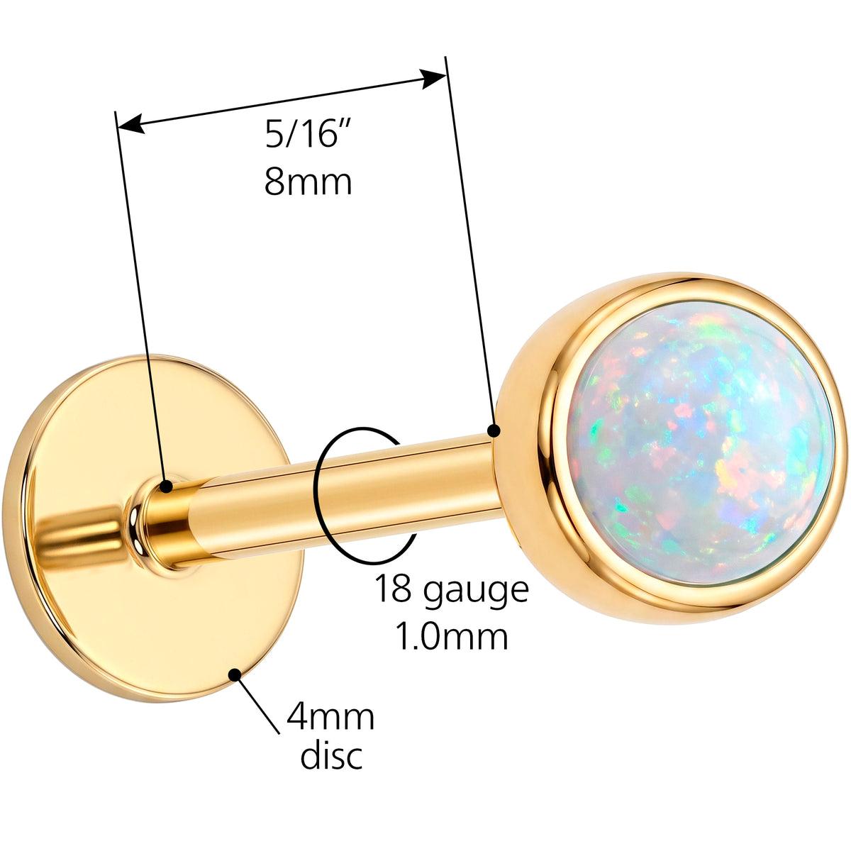 Solid 14k Yellow Gold Iridescent Opal Bezel Synthetic Opal 18G Flat Back Earring