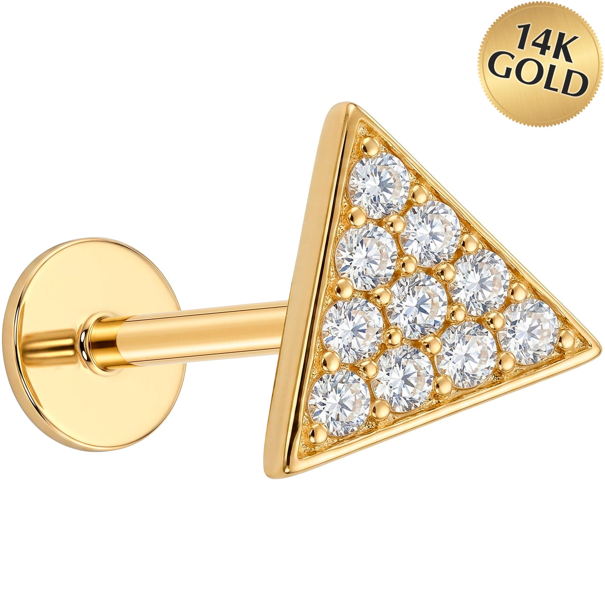 Solid 14k Yellow Gold Pave Triangle CZ 18G Flat Back Earring