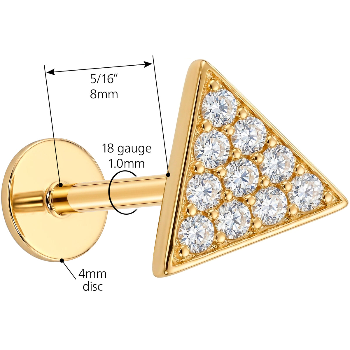 Solid 14k Yellow Gold Pave Triangle CZ 18G Flat Back Earring