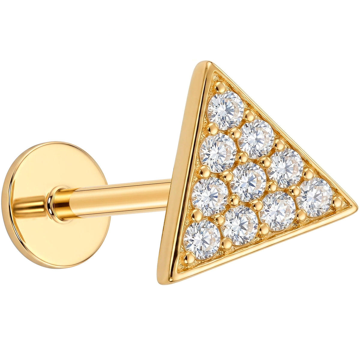 Solid 14k Yellow Gold Pave Triangle CZ 18G Flat Back Earring