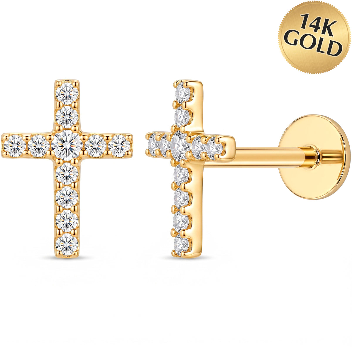 Solid 14k Yellow Gold Cross of Light CZ 18G Flat Back Earring