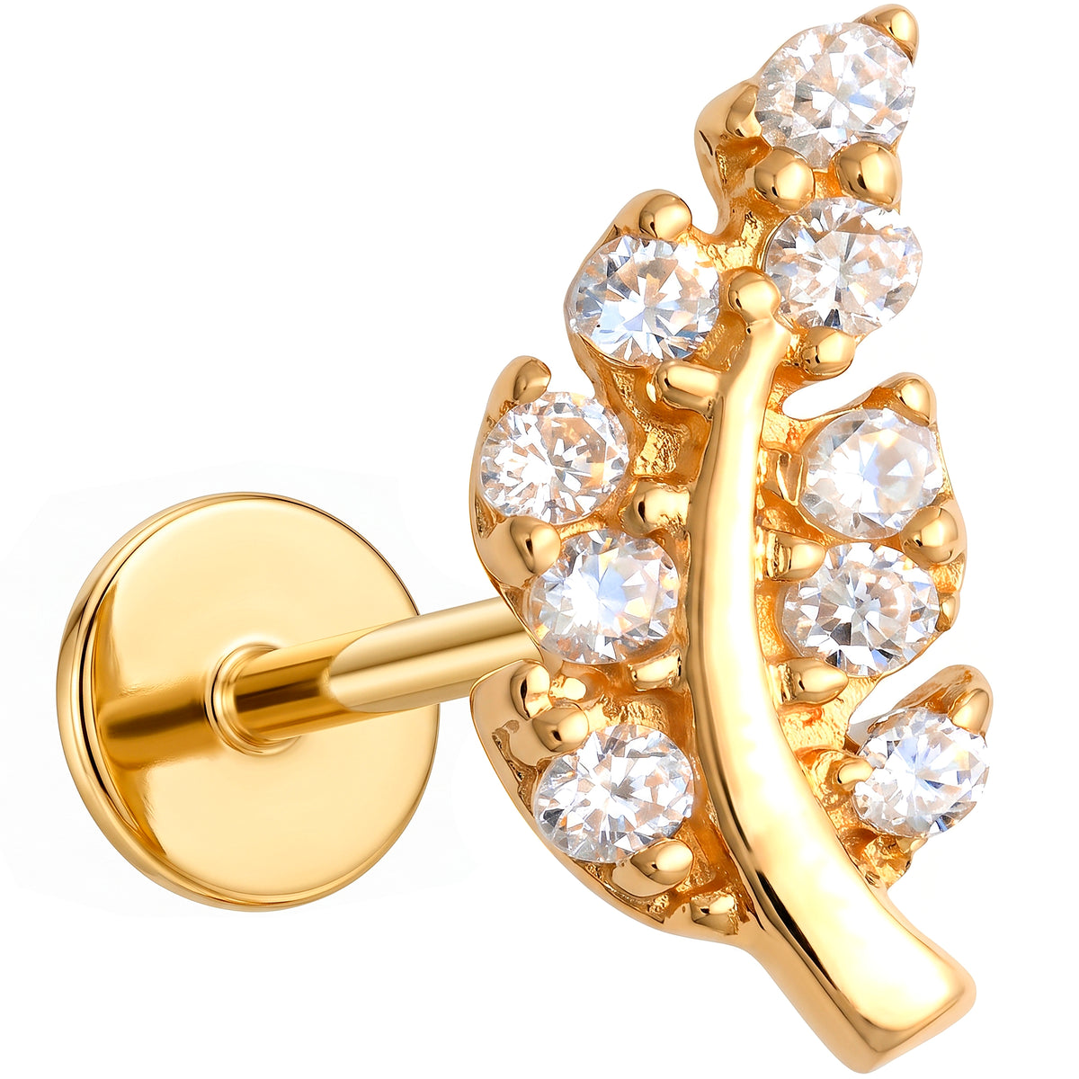 Solid 14k Yellow Gold Celestial Crescent Arc CZ 18G Flat Back Earring