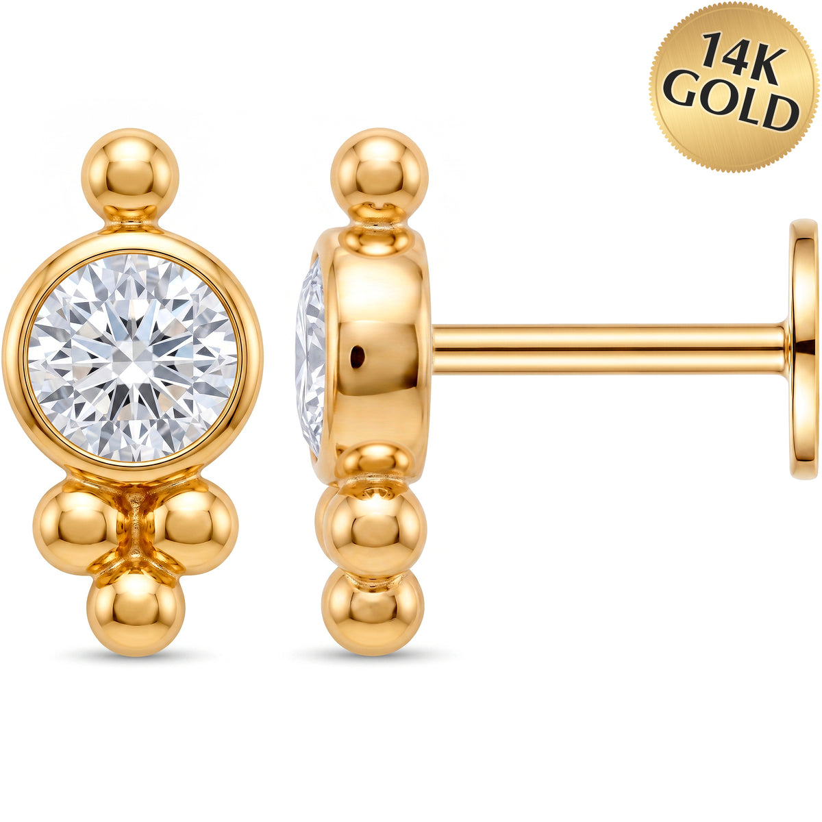 Solid 14k Yellow Gold Vintage Charm CZ 18G Flat Back Earring