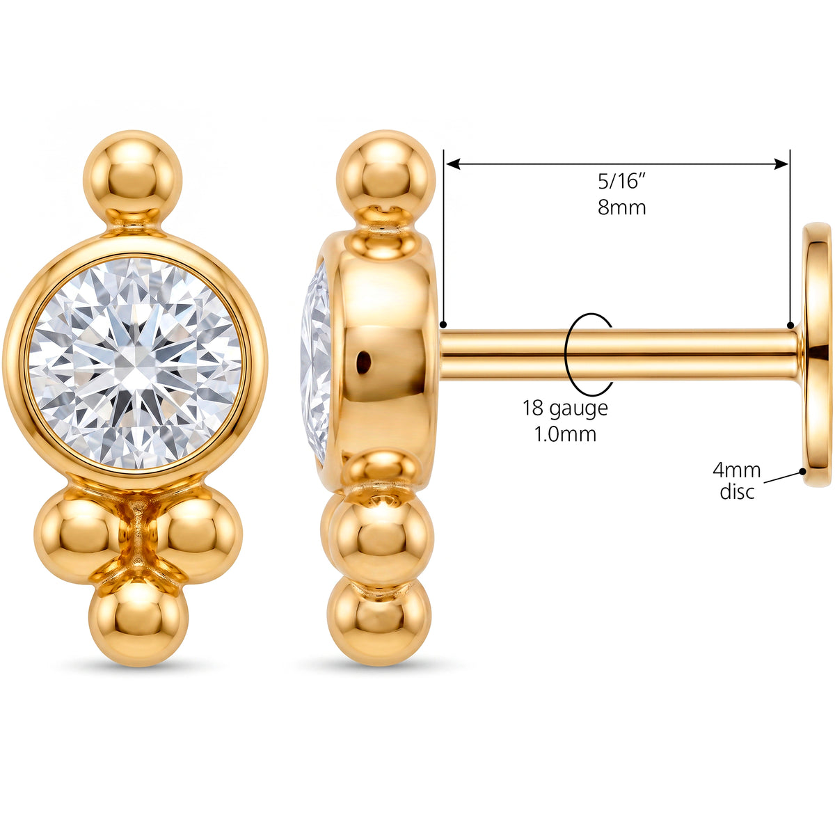 Solid 14k Yellow Gold Vintage Charm CZ 18G Flat Back Earring