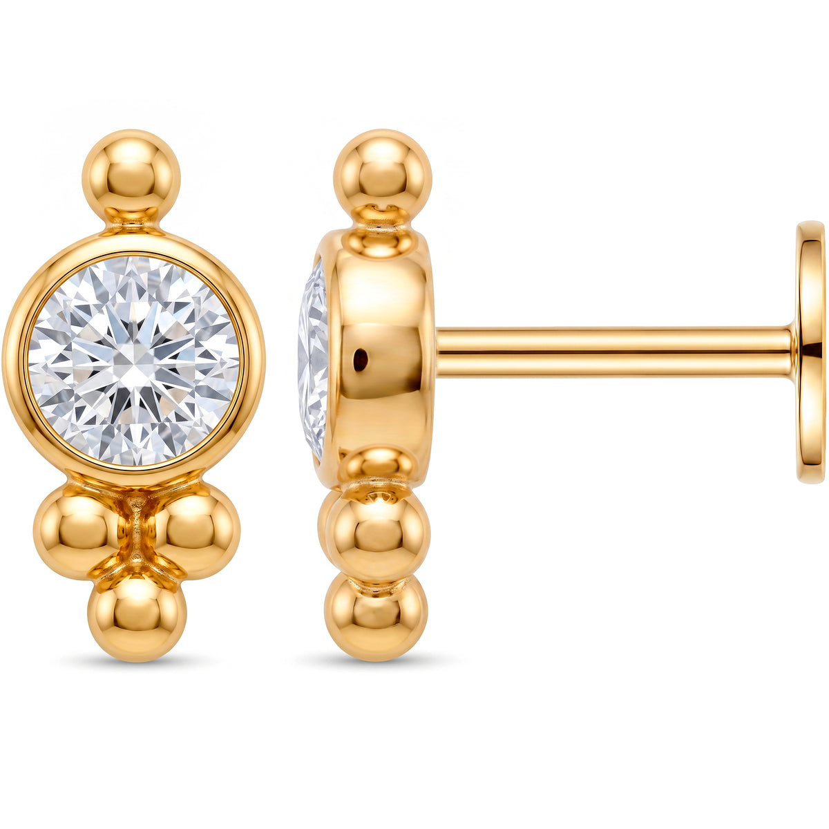 Solid 14k Yellow Gold Vintage Charm CZ 18G Flat Back Earring