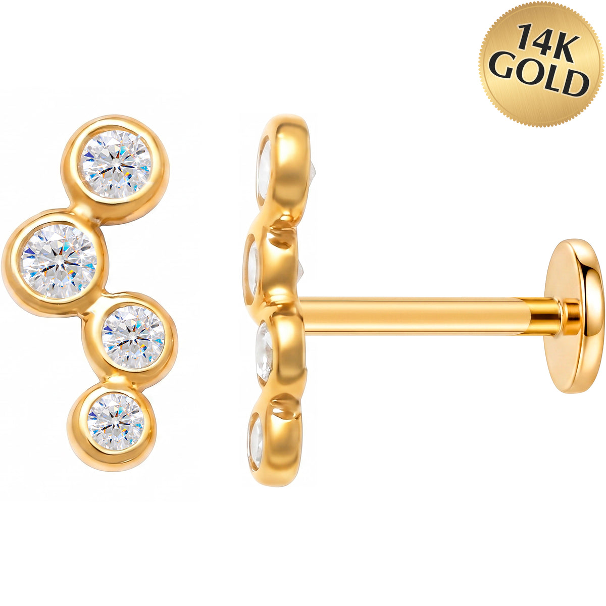 Solid 14k Yellow Gold Graduated Four Stone Drop CZ 18G Flat Back Earring
