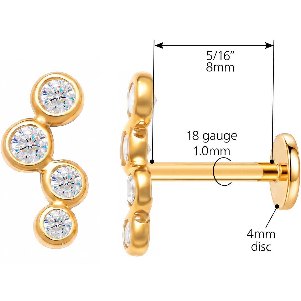 Solid 14k Yellow Gold Graduated Four Stone Drop CZ 18G Flat Back Earring