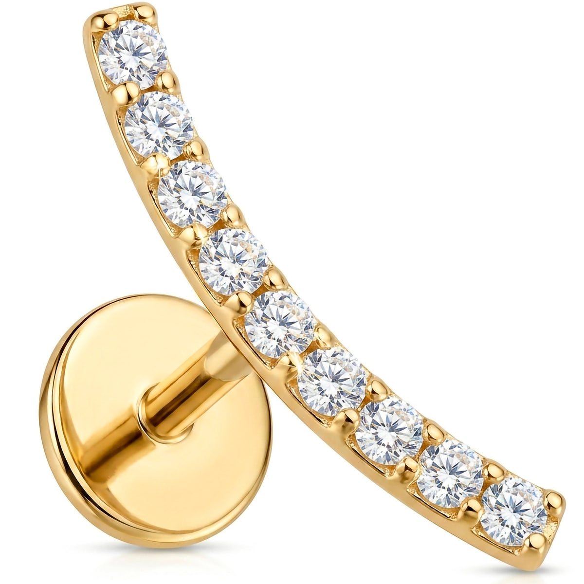 Solid 14k Yellow Gold Curved Pave Sweep CZ 18G Flat Back Earring