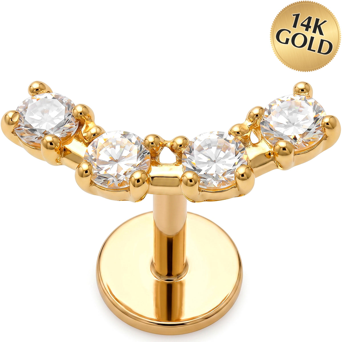 Solid 14k Yellow Gold Five Stone Curved Crown CZ 18G Flat Back Earring