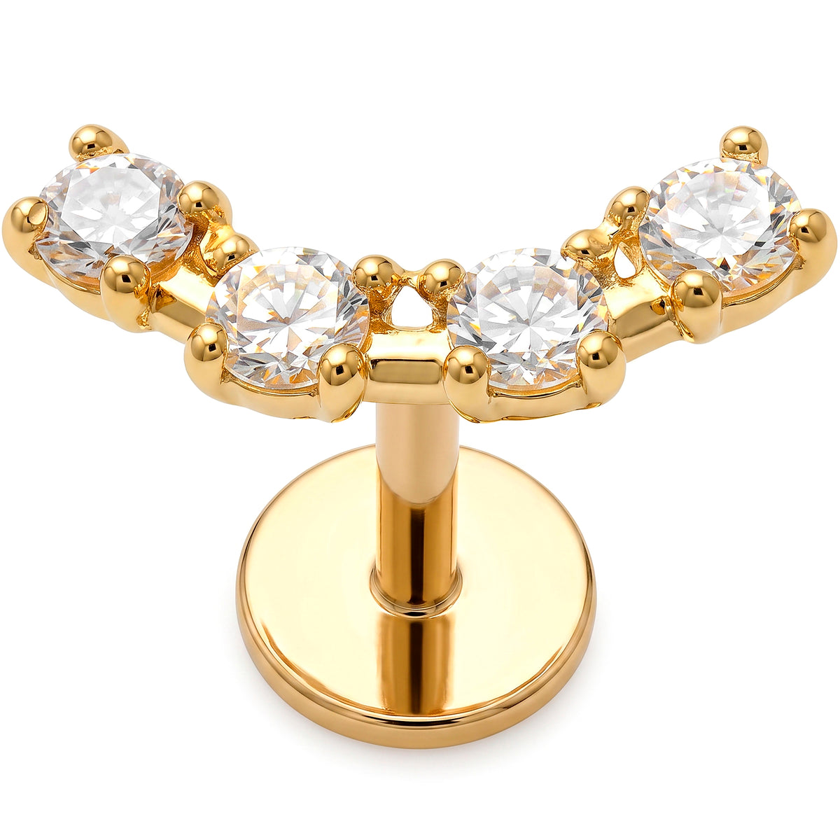 Solid 14k Yellow Gold Five Stone Curved Crown CZ 18G Flat Back Earring
