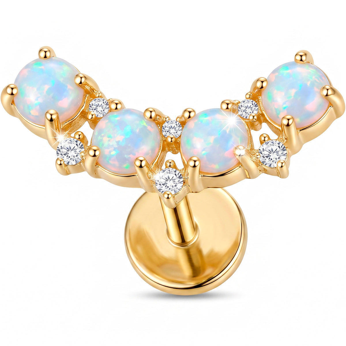 Solid 14k Yellow Gold Opal Petal Garland Synthetic Opal and CZ 18G Flat Back Earring