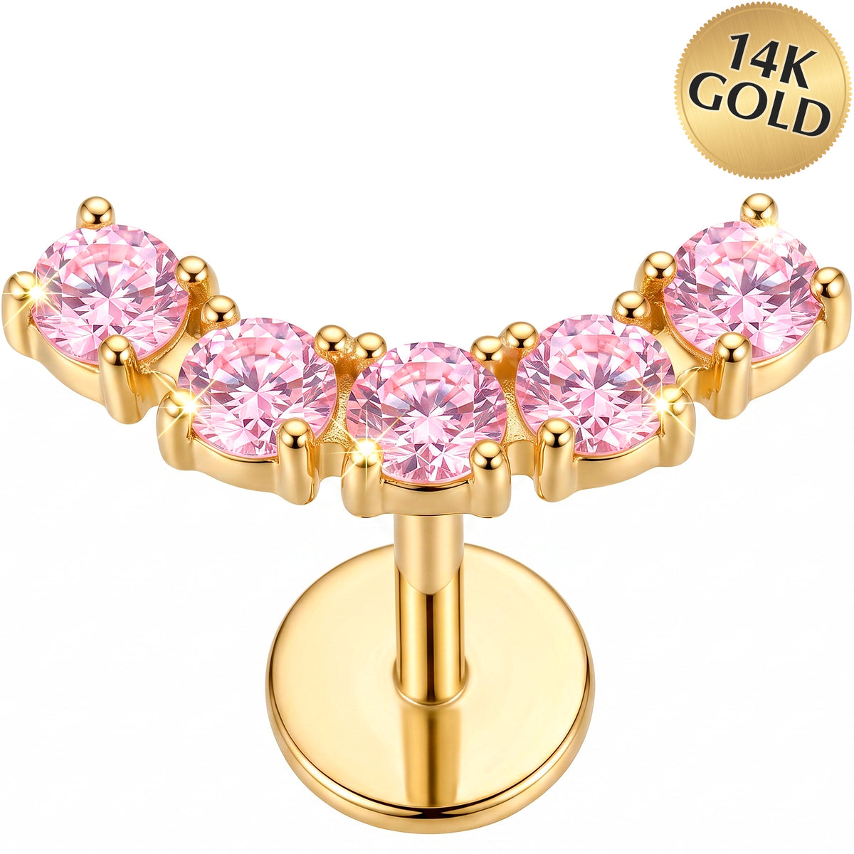 Solid 14k Yellow Gold Blushing Pink Arc CZ 18G Flat Back Earring