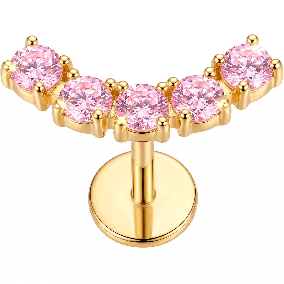 Solid 14k Yellow Gold Blushing Pink Arc CZ 18G Flat Back Earring