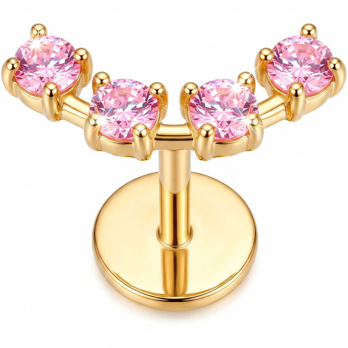 Solid 14k Yellow Gold Pink Blossom Arc CZ 18G Flat Back Earring