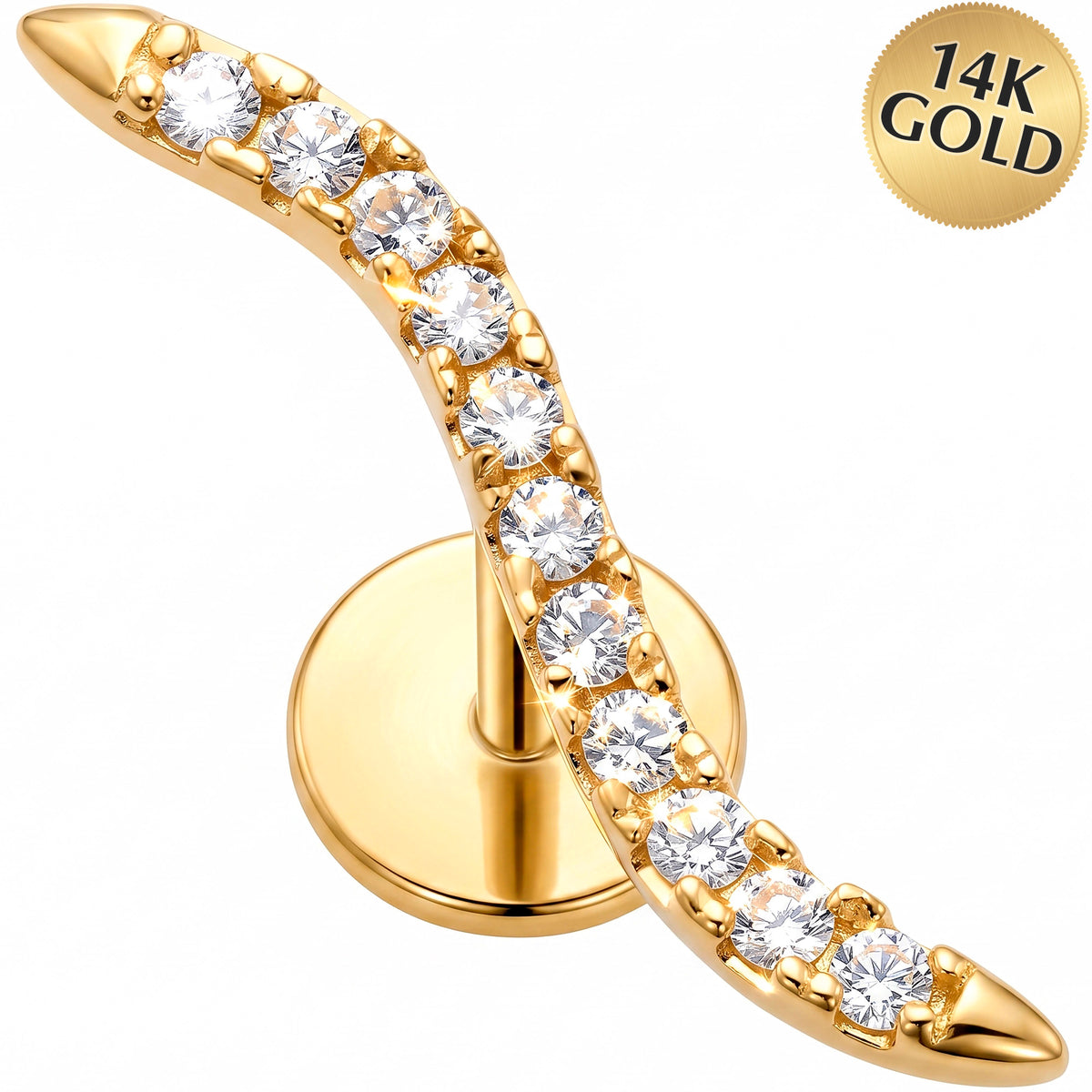 Solid 14k Yellow Gold Curved Crystal Vine CZ 18G Flat Back Earring