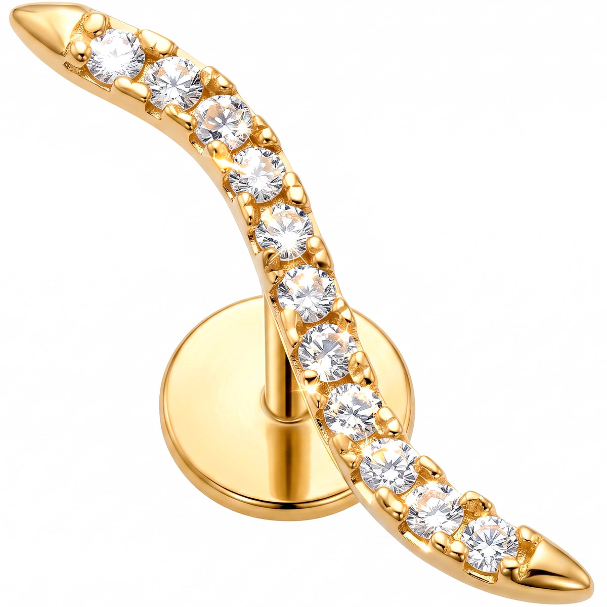Solid 14k Yellow Gold Curved Crystal Vine CZ 18G Flat Back Earring