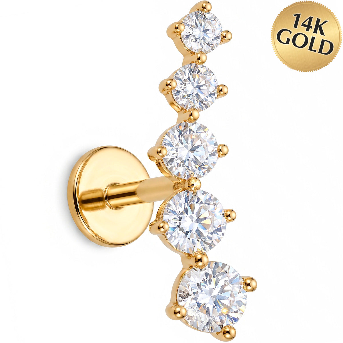 Solid 14k Yellow Gold Graduated Crystal Cascade CZ 18G Flat Back Earring