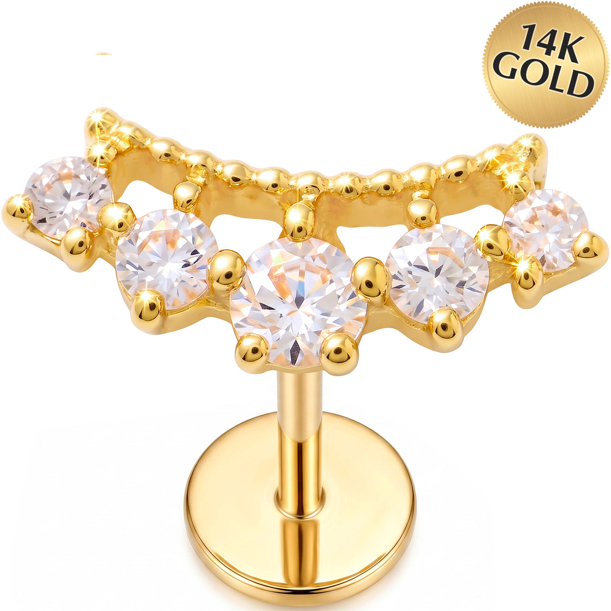 Solid 14k Yellow Gold Double Row Crystal Tiara CZ 18G Flat Back Earring