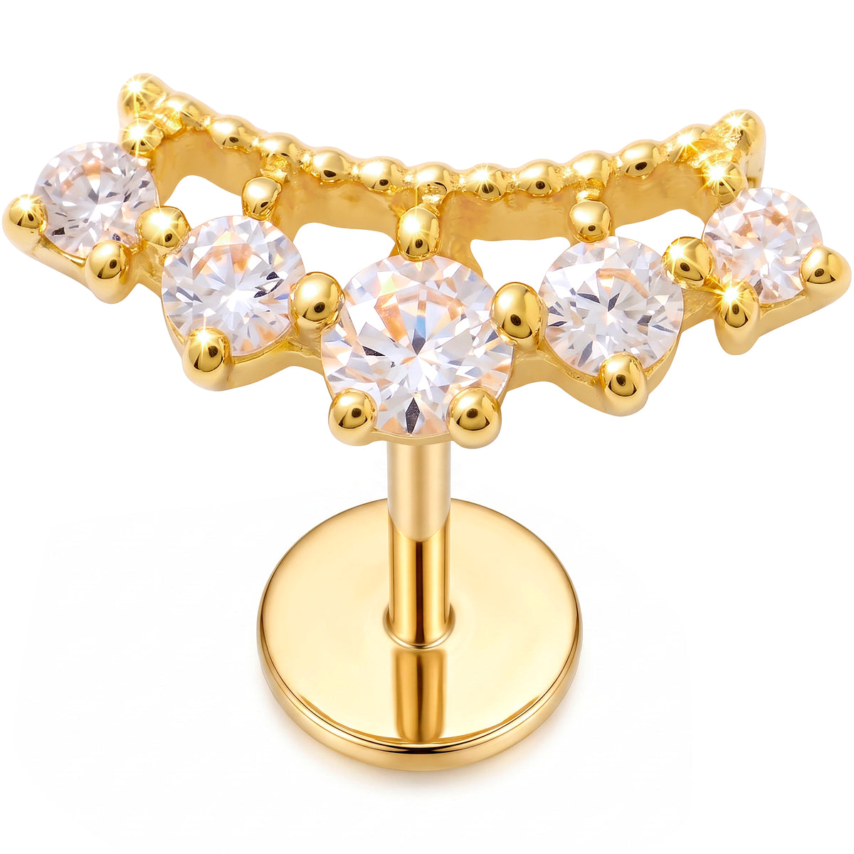 Solid 14k Yellow Gold Double Row Crystal Tiara CZ 18G Flat Back Earring