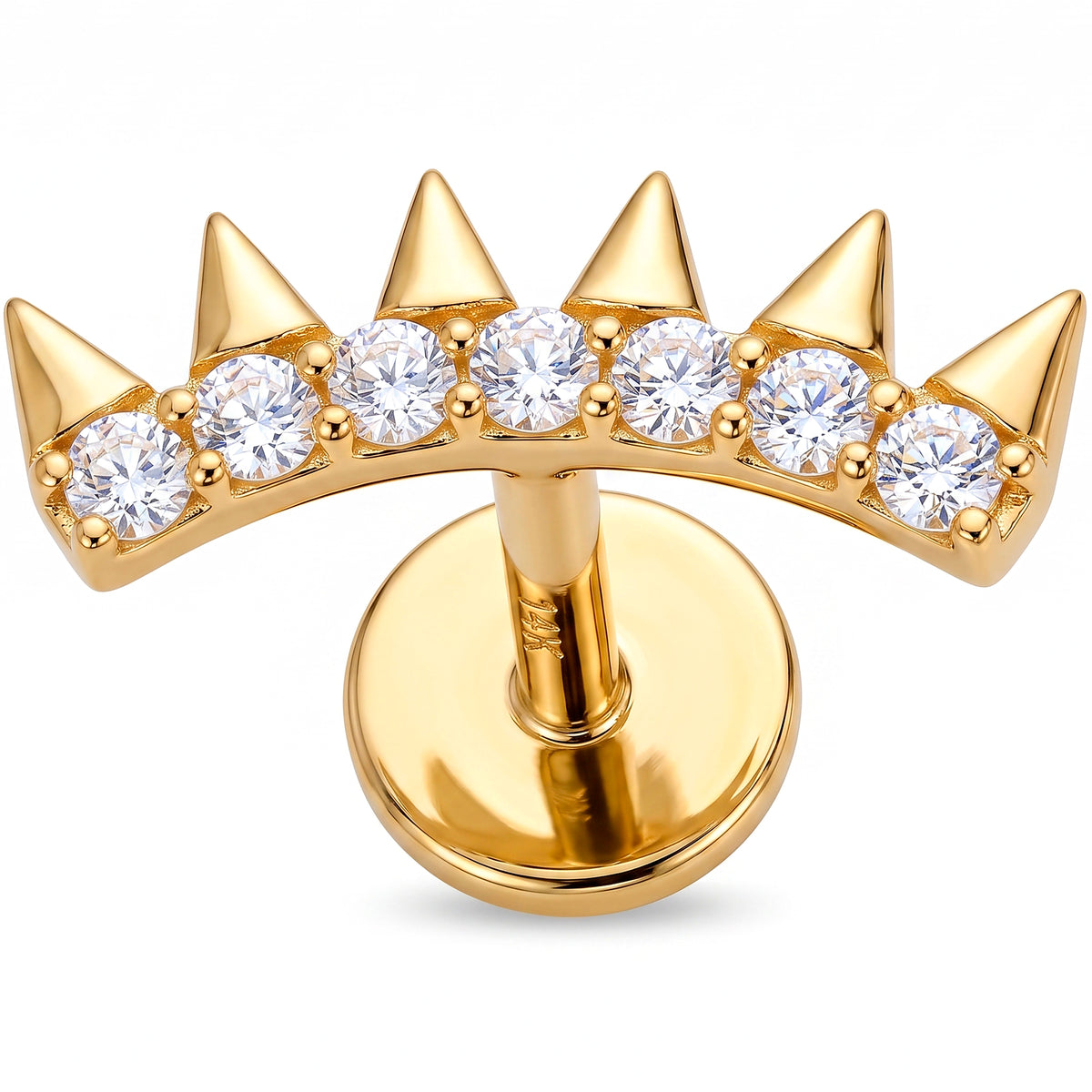 Solid 14k Yellow Gold Edgy Crystal Spike Crown CZ 18G Flat Back Earring
