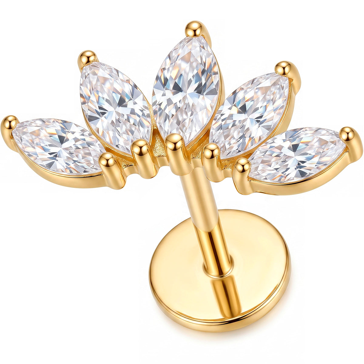 Solid 14k Yellow Gold Marquise Floral Bloom CZ 18G Flat Back Earring