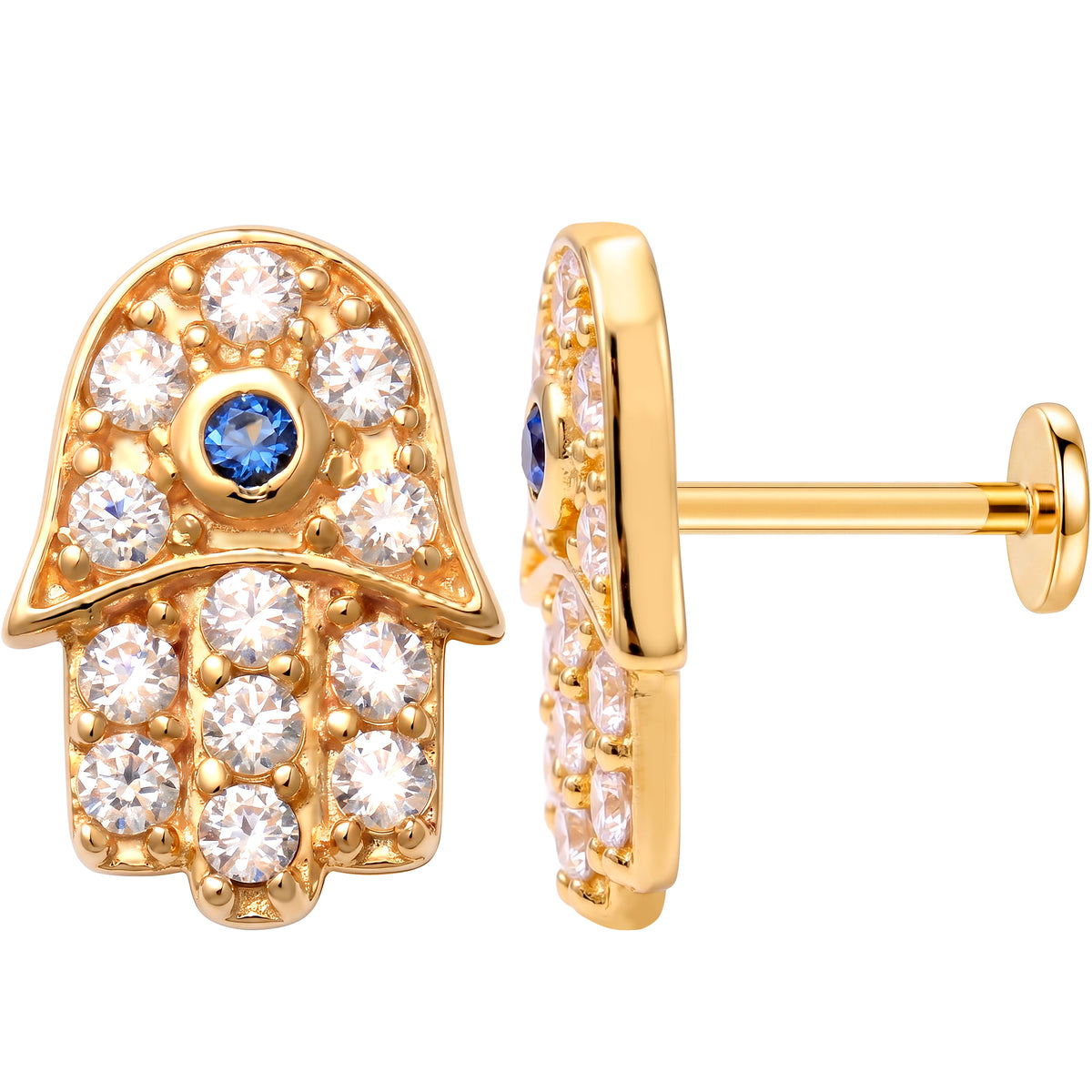 Solid 14k Yellow Gold Protective Hamsa Hand CZ 18G Flat Back Earring