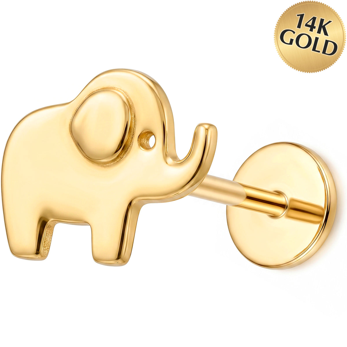 Solid 14k Yellow Gold Little Lucky Elephant 18G Flat Back Earring